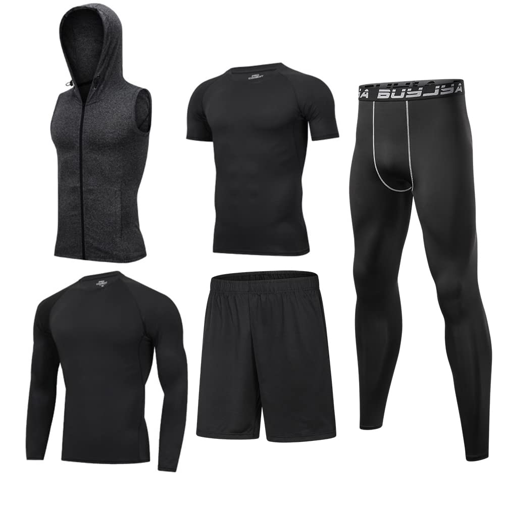 BUYJYA 5-Pack Men's Compression Workout Set - Long Sleeve Shirt & Pants Gym Clothing for Running, Training & Fitness - Moisture Wicking Athletic Outfit for Men