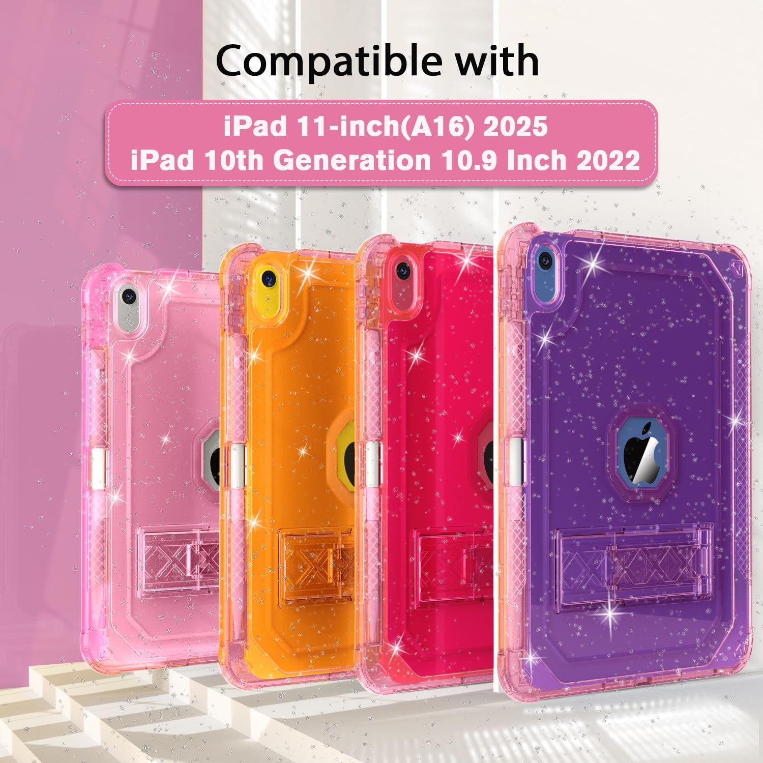 Shockproof Rugged iPad Case for iPad 11-inch (A16) 2025 & iPad 10th Gen 10.9 inch 2022 - Heavy Duty Protective Cover with Pencil Holder, Translucent Kickstand & Glitter Design - Perfect for Kids, Travel & Everyday Use