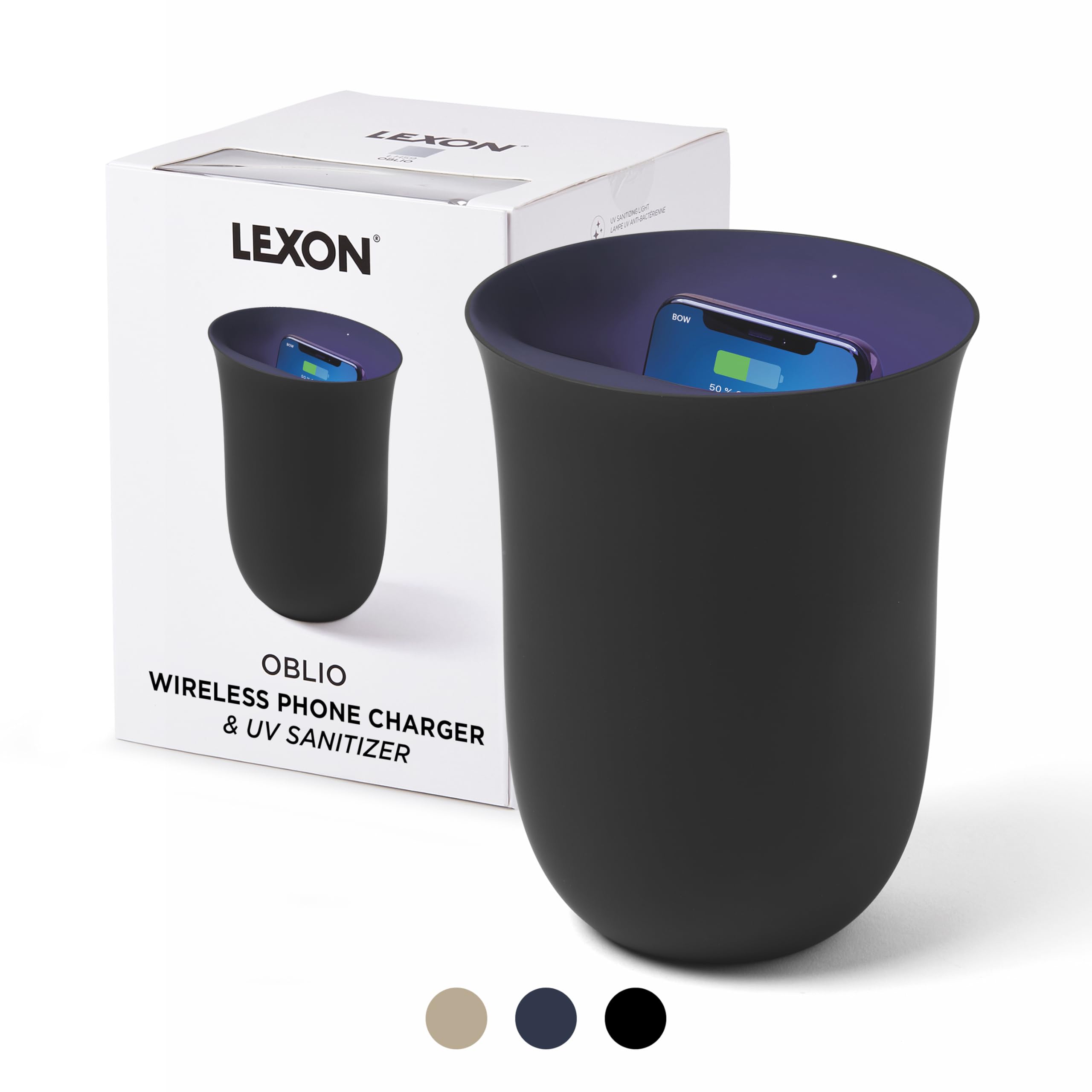 Lexon OBLIO QI Wireless Charger with UV Phone Sanitizer - 10W Fast Charging Station for iPhone & Android - Black | UV Disinfection for Germ-Free Phones | Perfect for Home, Office & Travel Use