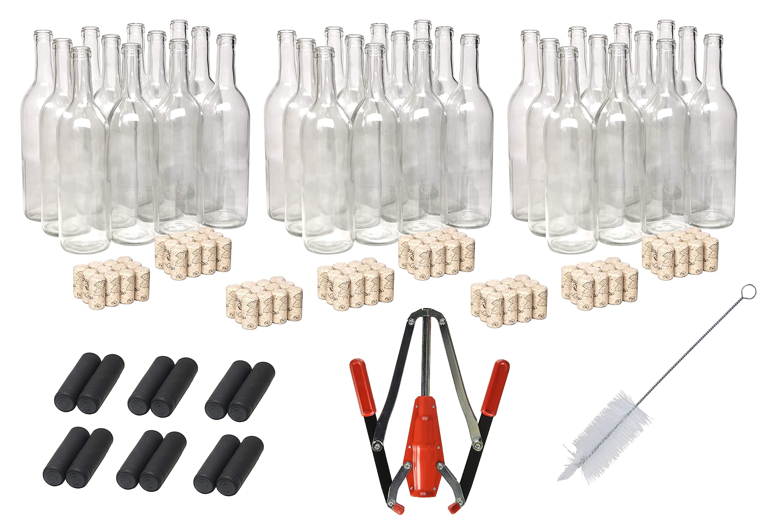 Premium Wine Bottling Kit - 36 Clear Glass 750ml Wine Bottles (3 Cases of 12), 100 Natural Corks, 80 Black PVC Shrink Capsules, Hand Corker & Cleaning Brush - Home Brewing & Winemaking Supplies for DIY Enthusiasts - Perfect for Bottling, Gifting & Wine Storage