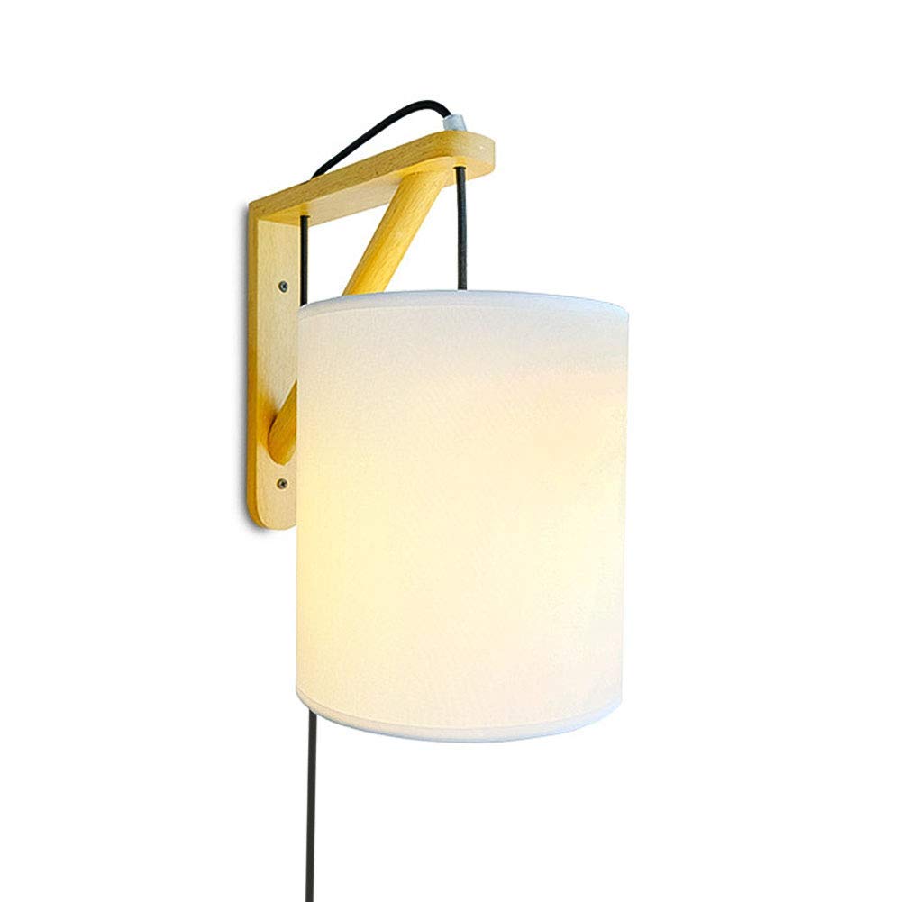 YeSBTx Plug-in Wall Sconce Light - Dimmable E27 Lamp with Wood Base & Glass Shade - White Modern Fixture for Bedroom, Hallway & Living Room - Perfect for Ambient Lighting & Nighttime Reading