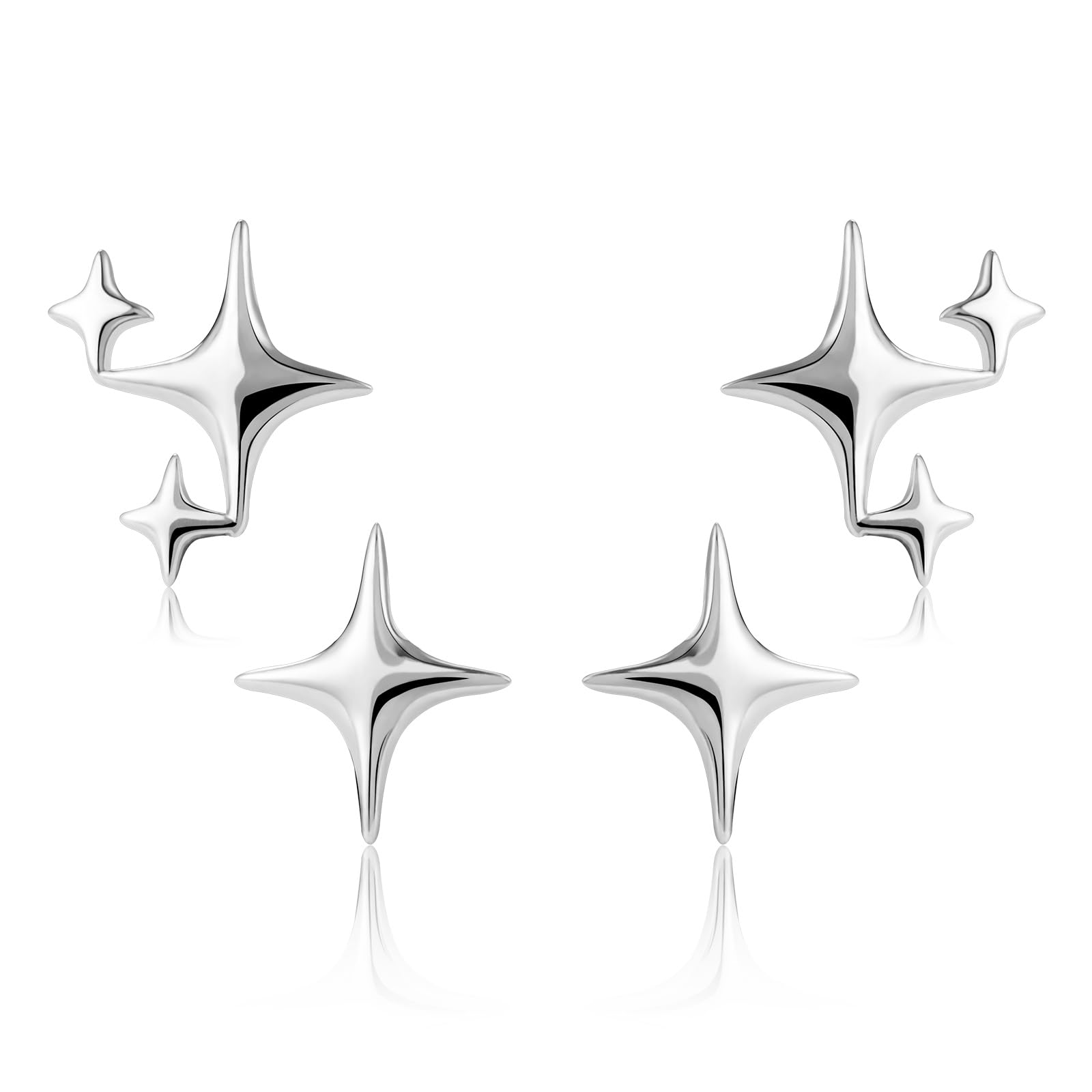 LAXPICOL 925 Sterling Silver Stellate Star Stud Earrings for Women - 2 Pairs Hypoallergenic Pierced Earrings - Perfect for Everyday Wear, Gift Giving & Special Occasions