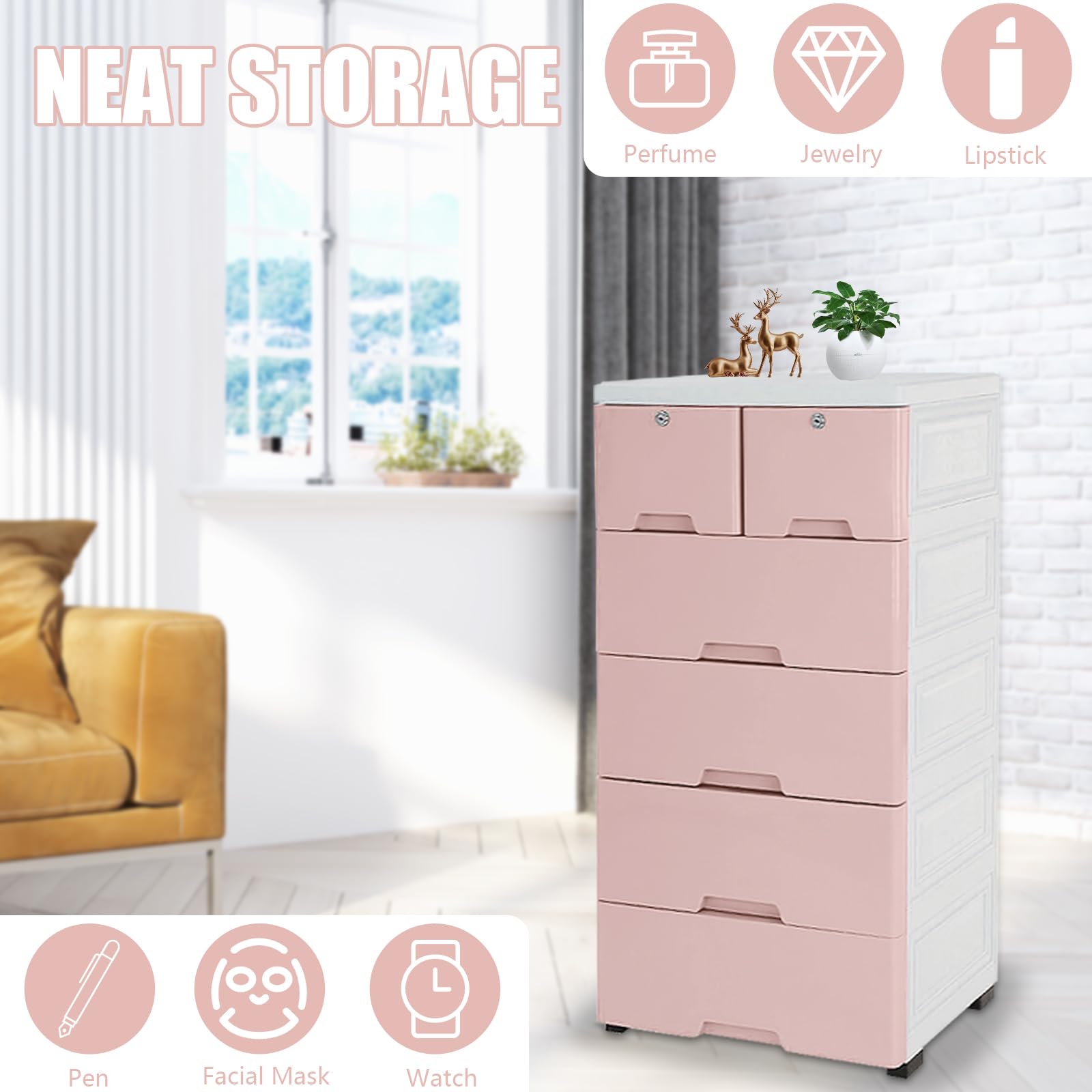 6-Drawer Plastic Storage Dresser Cabinet - Tall Vertical Closet Organizer for Clothes, Toys & Bedroom | Space-Saving Pink Furniture for Playroom, Dorm & Home Organization