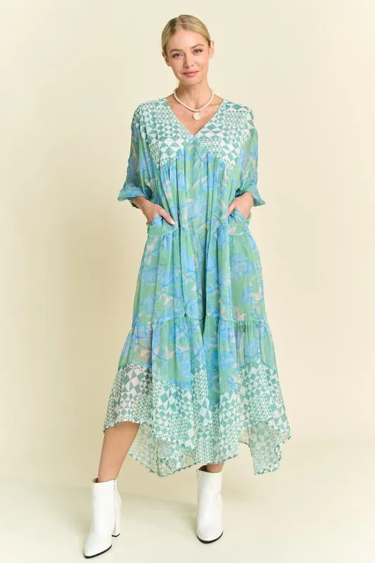 Floral Print Mixed Mint Green Tiered Midi Dress for Women - Summer Casual Boho Chic Dress for Beach, Party & Vacation