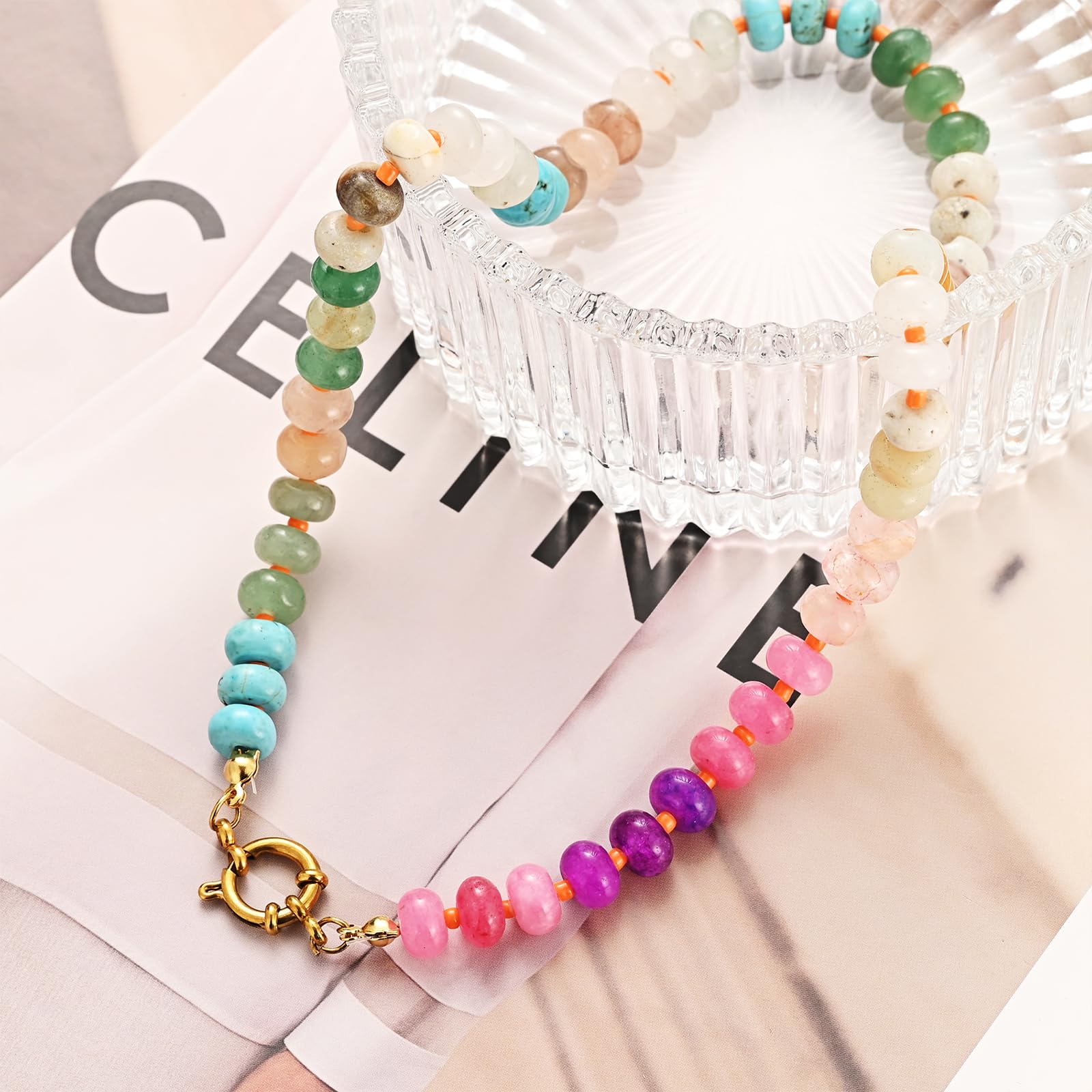 Natural Stone Beaded Necklace for Women - Boho Rainbow Charm Jewelry with Colorful Beads, Surfer Choker Necklace | Perfect Gift for Beach Lovers, Festival Goers & Boho Fashion Enthusiasts