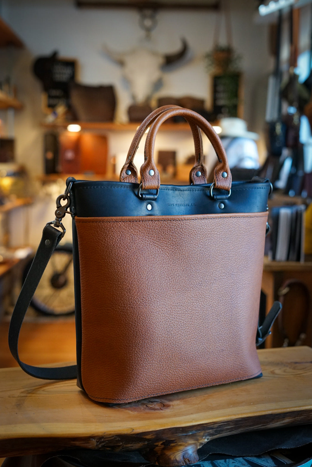 Stylish Two-Tone Pebbled Leather Handbag in Canyon Tan & Flat Black - Perfect for Work, Travel, and Everyday Use