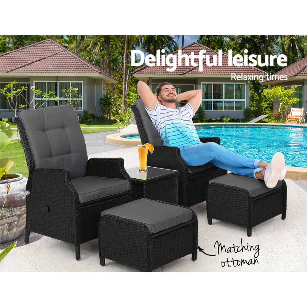 5-Piece Ella Outdoor Recliner Chair Set with Ottoman and Table - Black Patio Furniture for Backyard, Poolside & Garden Relaxation