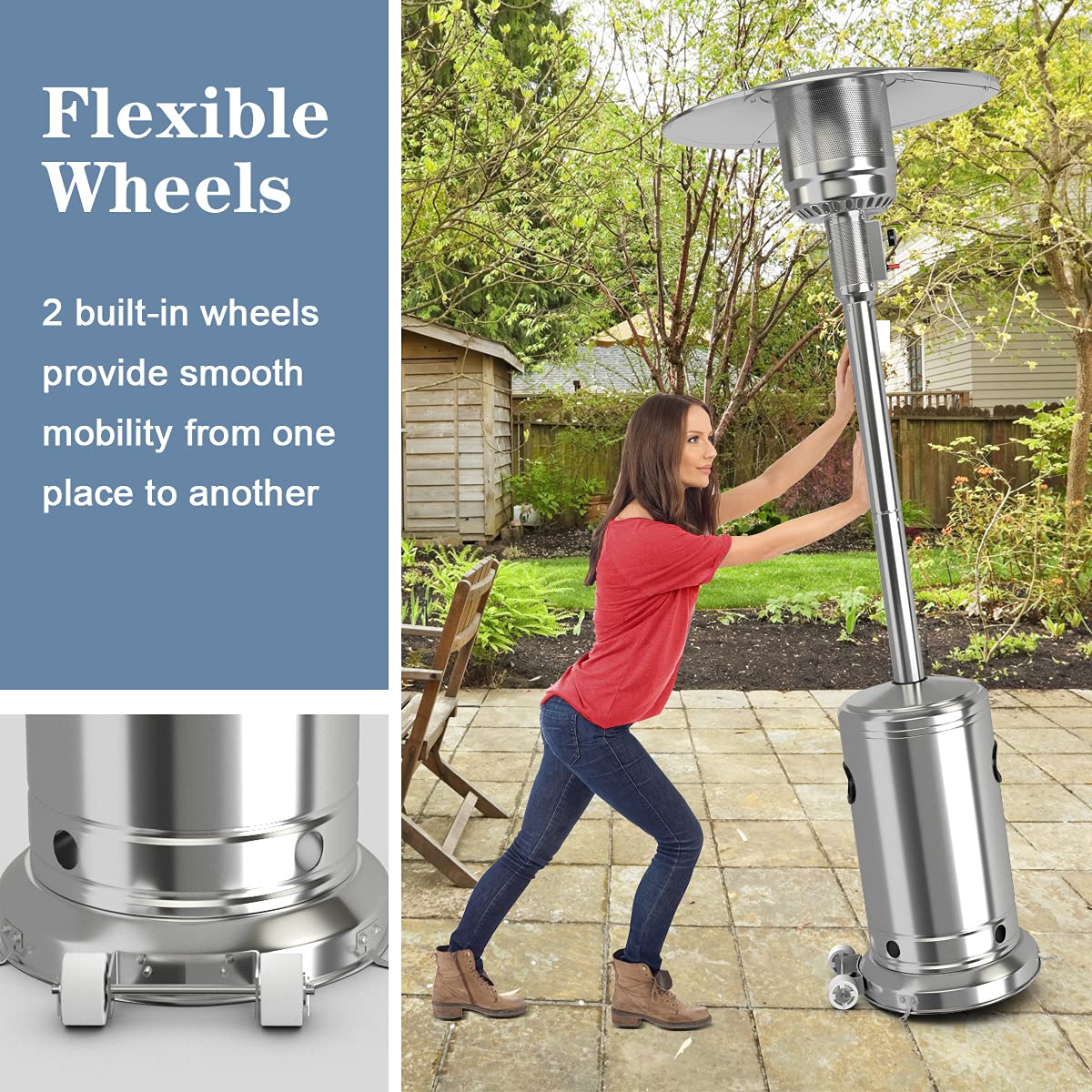 COSTWAY 50,000 BTU Outdoor Propane Patio Heater with Stainless Steel Burner & Wheels | Triple Protection System | Portable Standing Heater for Porch, Deck, Backyard, Restaurant & Commercial Use | Perfect for Outdoor Dining, Garden Parties & Patio Heating