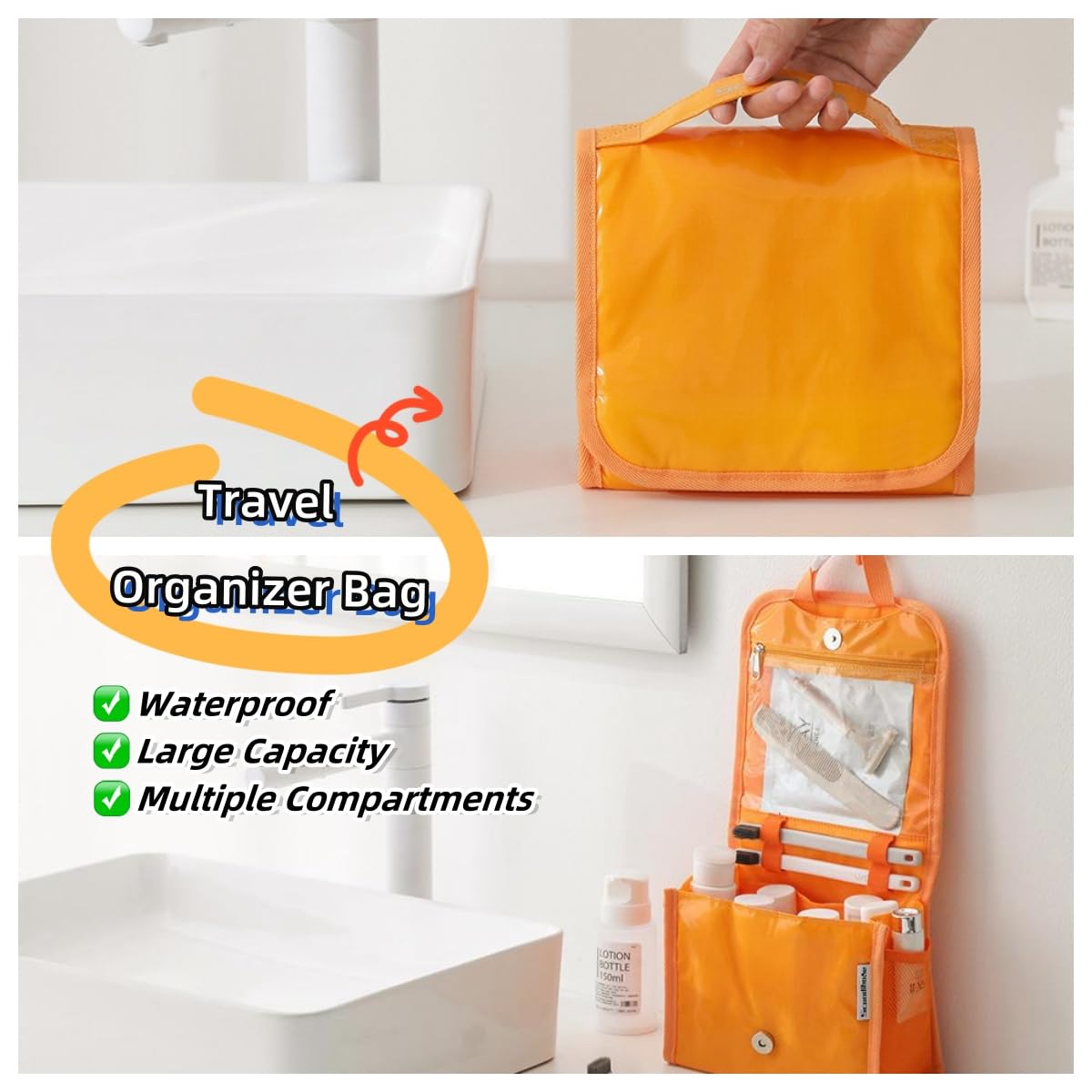 Waterproof Hanging Toiletry Bag for Travel - Large Capacity Makeup Organizer with Multiple Compartments for Men & Women - Perfect for Shaving Kit, Full-Sized Toiletries & Cosmetics Storage - Ideal for Camping, Gym, Business Trips & Vacation (Orange)
