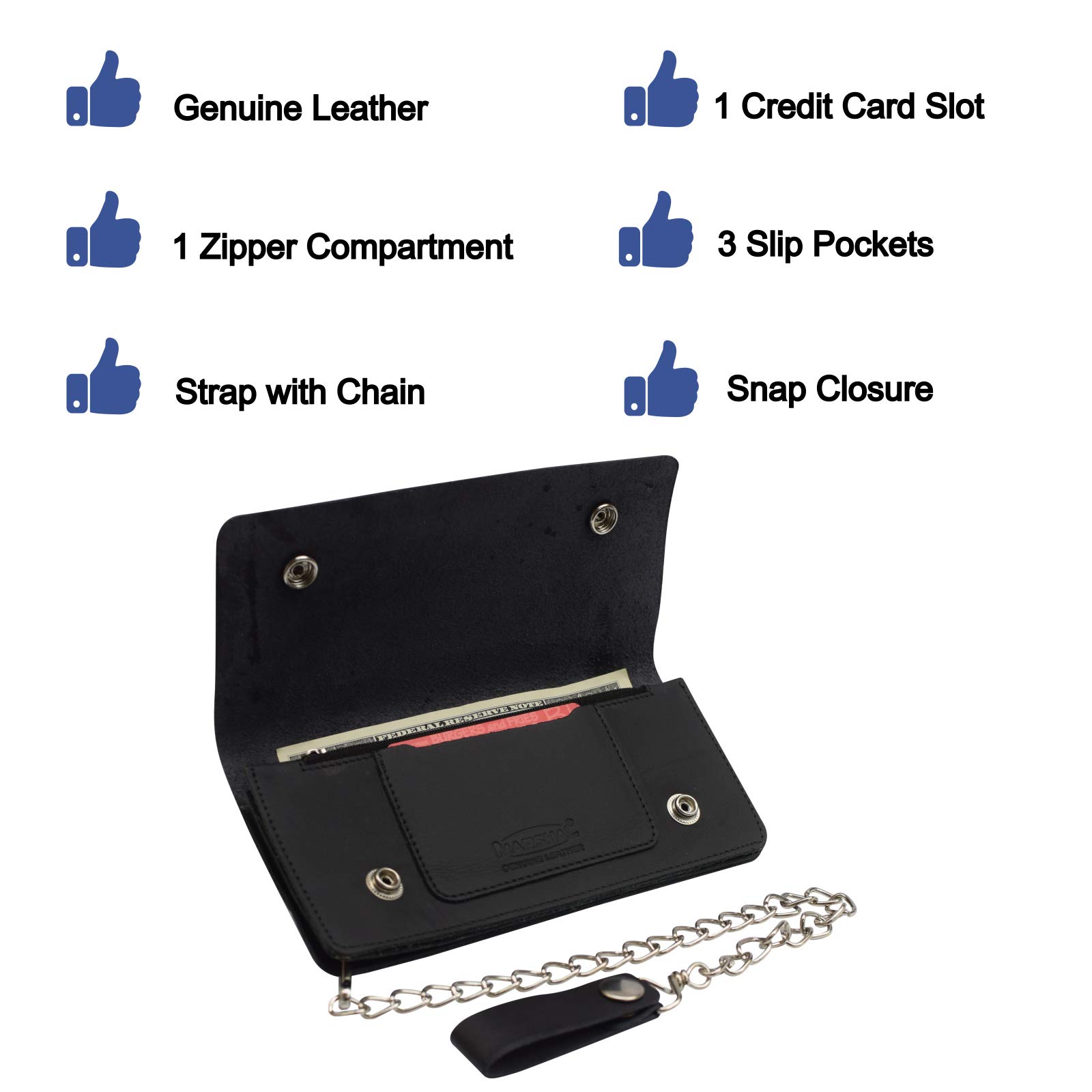 Genuine Leather Biker Wallet for Men - Long Chain Black Billfold Trucker Wallet - Perfect for Motorcycle Riders & Everyday Use