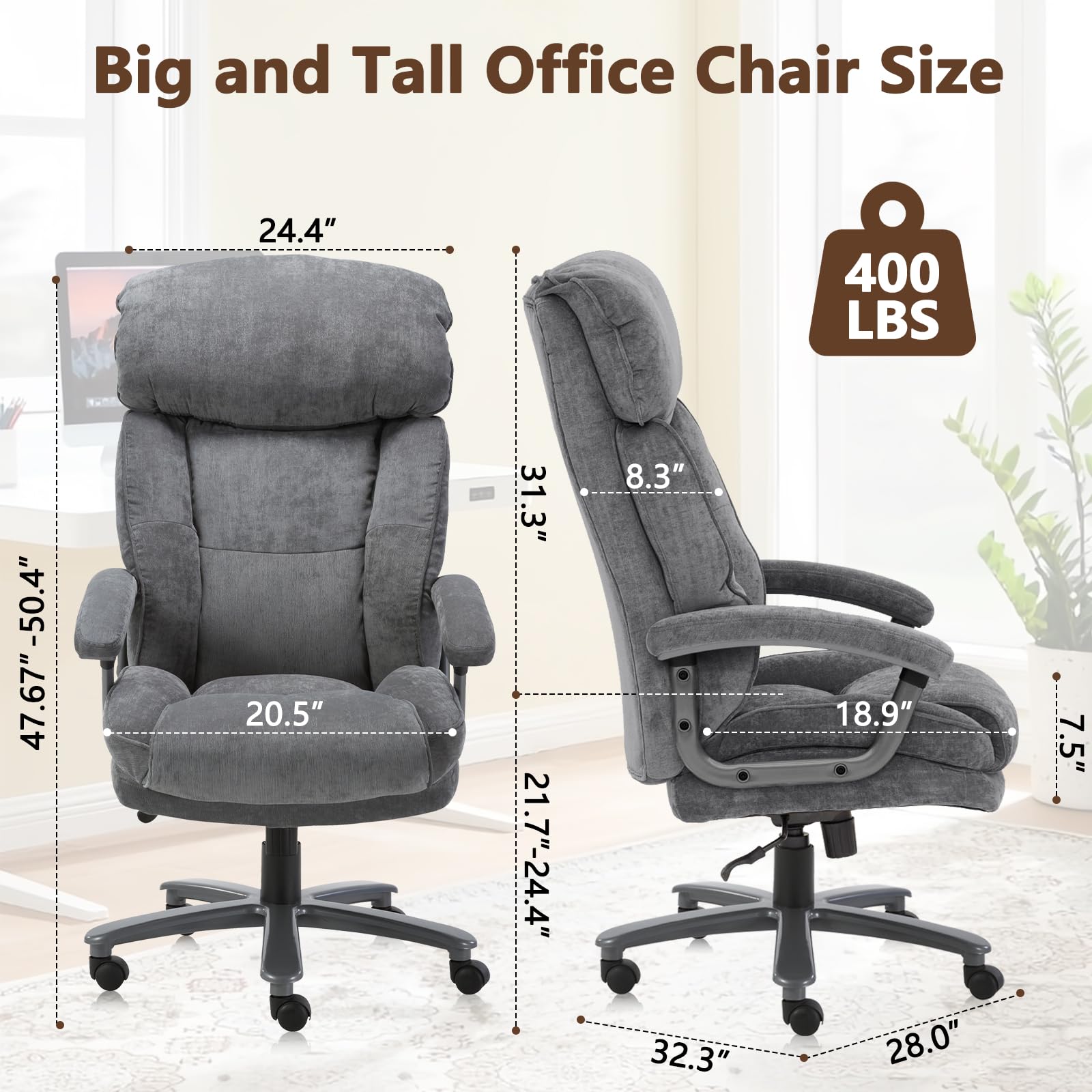 CLATINA Ergonomic Big and Tall Executive Office Chair - 400lbs Weight Capacity, Adjustable Height, Thick Padding, Headrest & Armrest - Grey Upholstered Swivel Chair for Home Office | Perfect for Long Work Hours & Comfortable Workspace
