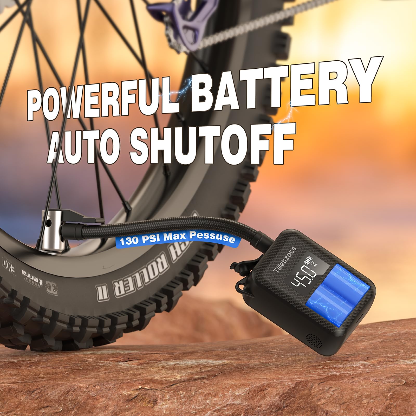 130 PSI Electric Mini Bike Pump - Portable Rechargeable Bicycle Tire Inflator with Pressure Gauge & Auto Shutoff - Compatible with Presta & Schrader Valves - Perfect for Mountain, Road and City Bikes - Ideal for Commuting, Cycling Trips and Emergency Tire Inflation