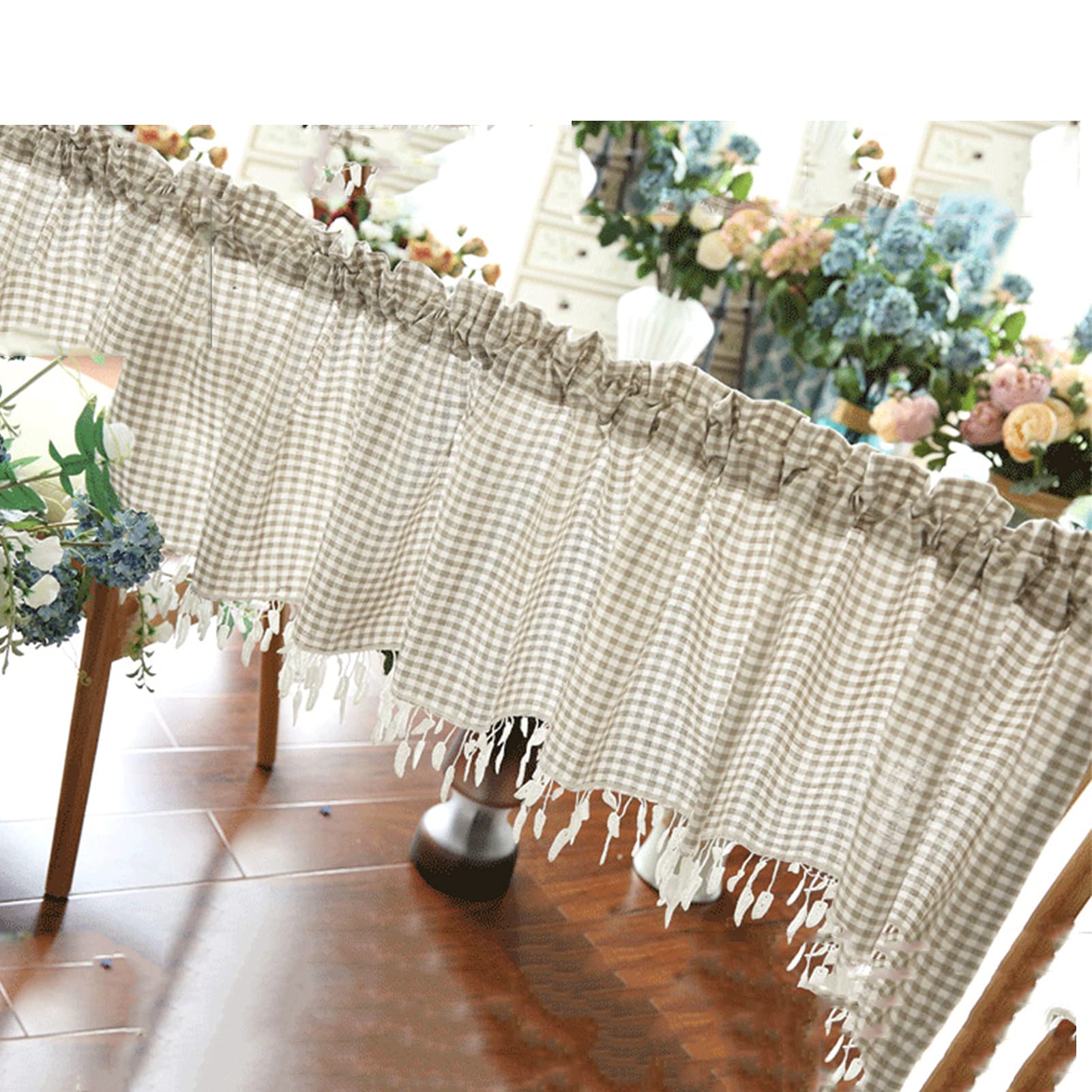Classic Lattice Cotton Linen Kitchen Curtains - Short Rod Pocket Valance for Cafe, Bistro & Country Style Decor | Perfect for Kitchens, Bedrooms, Living Rooms, Offices & Small Windows | Adds Farmhouse Charm to Your Home