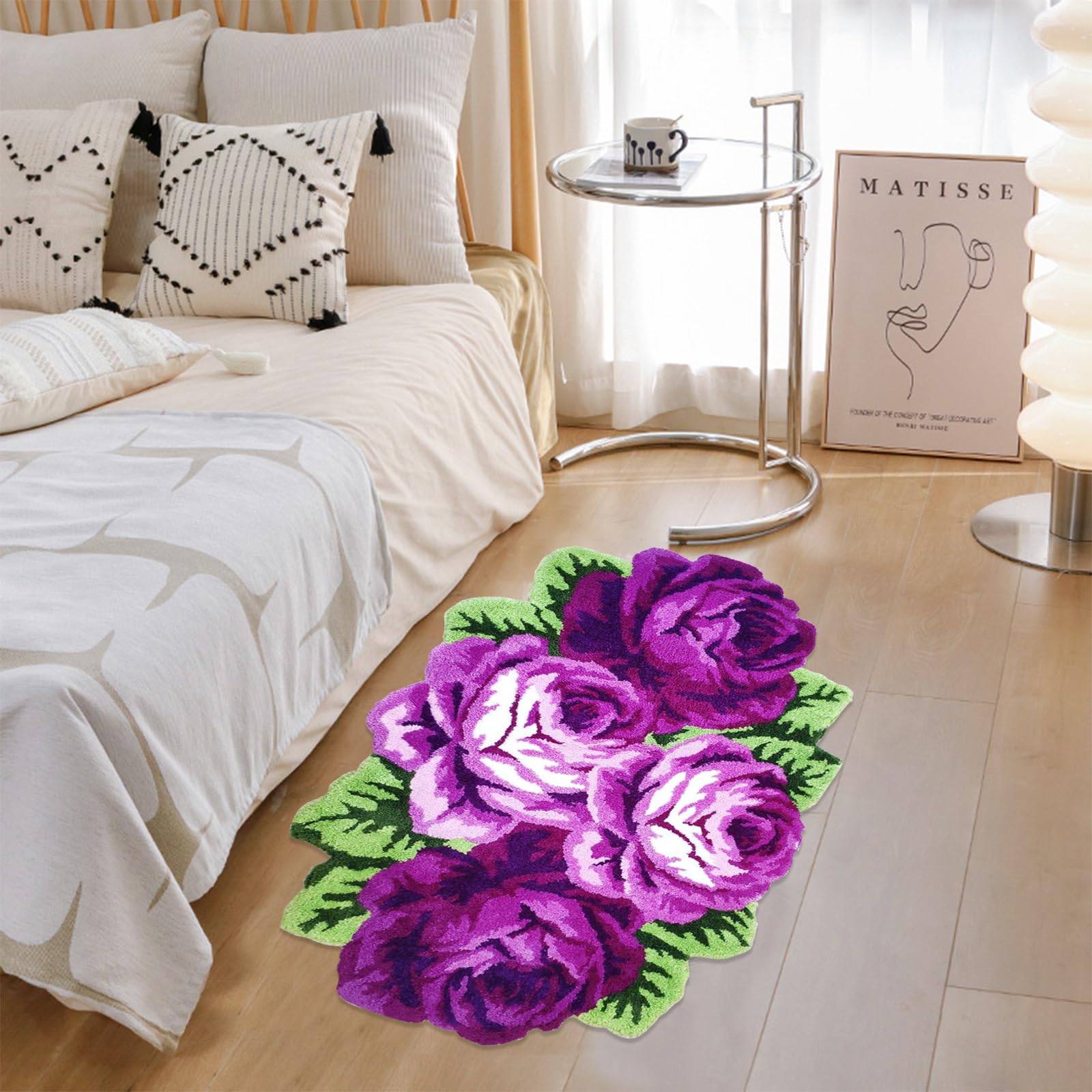 ABREEZE 4 Rose Handmade Floral Rug - Non-Slip Washable Modern Carpet in Blue & Purple | Perfect for Bedroom, Living Room Sofa & Bathroom Floor Decor