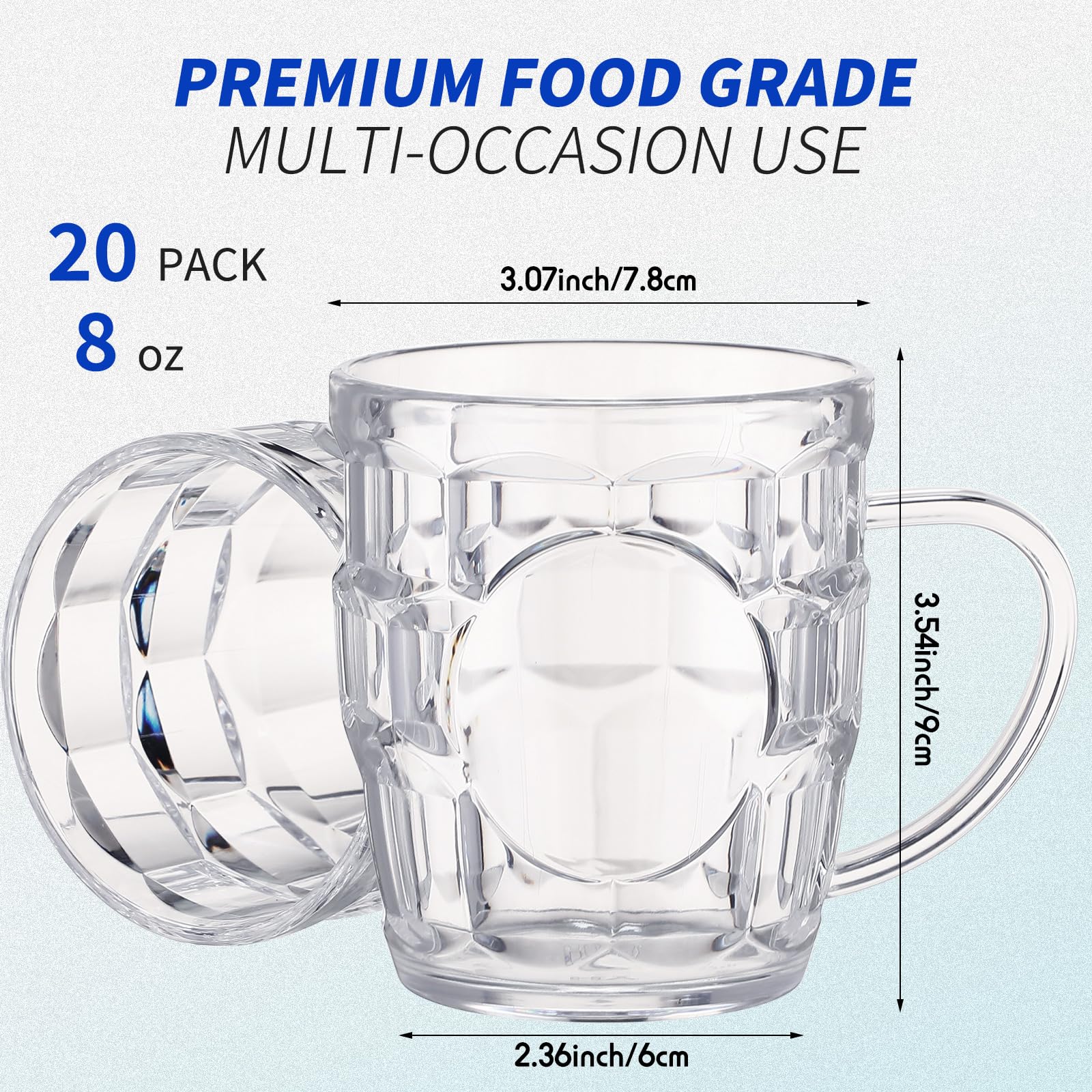 20 Pcs 8 oz Clear Plastic Beer Mugs with Handles - Reusable Dimpled Steins for Oktoberfest, Party, BBQ & Picnic - Durable Mini Beer Glasses for Outdoor Events & Home Decor