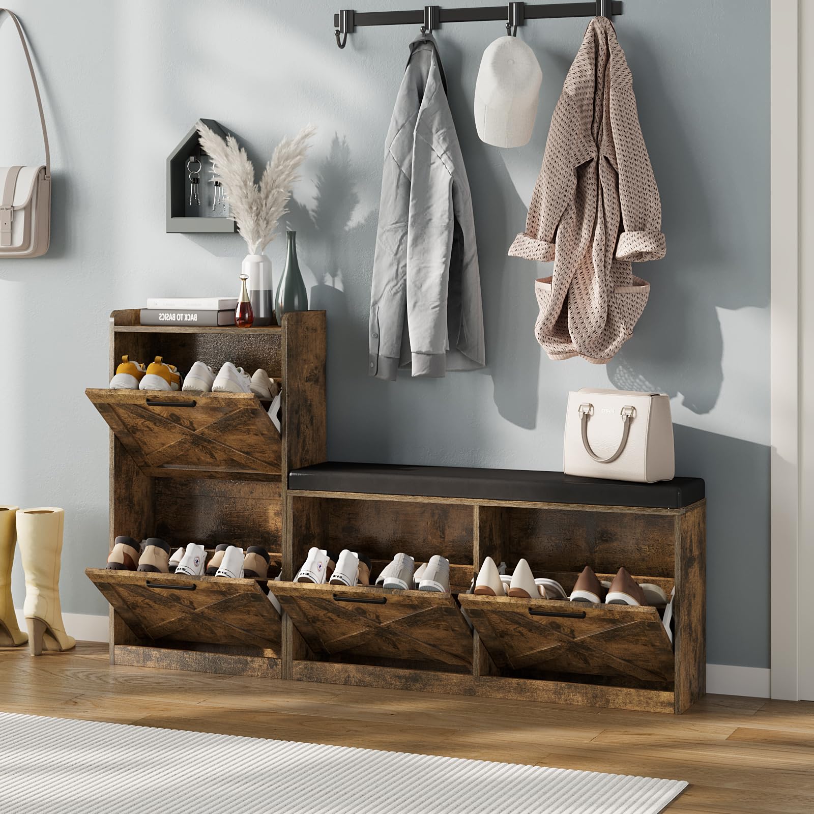 Adjustable Shoe Storage Cabinet with Bench - 4 Flip Drawers & Padded Seat Cushion - Left/Right Configurable Entryway Organizer - Rustic Brown Narrow Hallway Shoe Rack - Perfect for Small Spaces, Mudrooms & Apartment Entryways