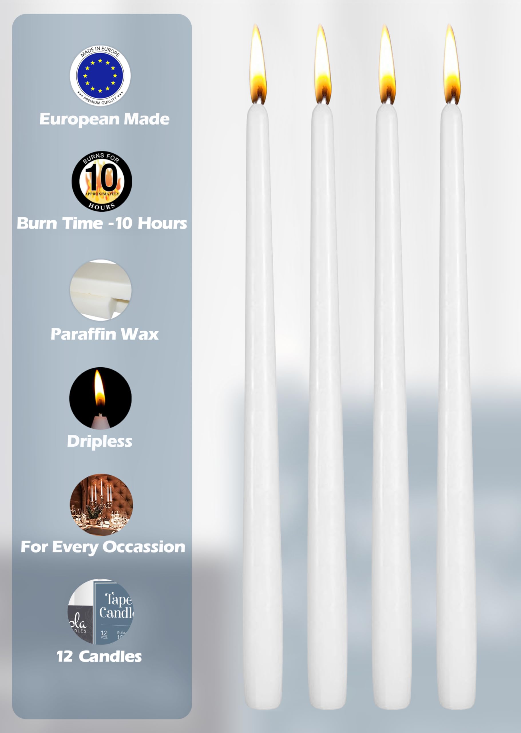12 Pack 12 Inch White Unscented Taper Candles - Dripless Dinner Candles with Cotton Wicks - 10 Hour Burn Time - Perfect for Weddings, Holidays & Romantic Dinners