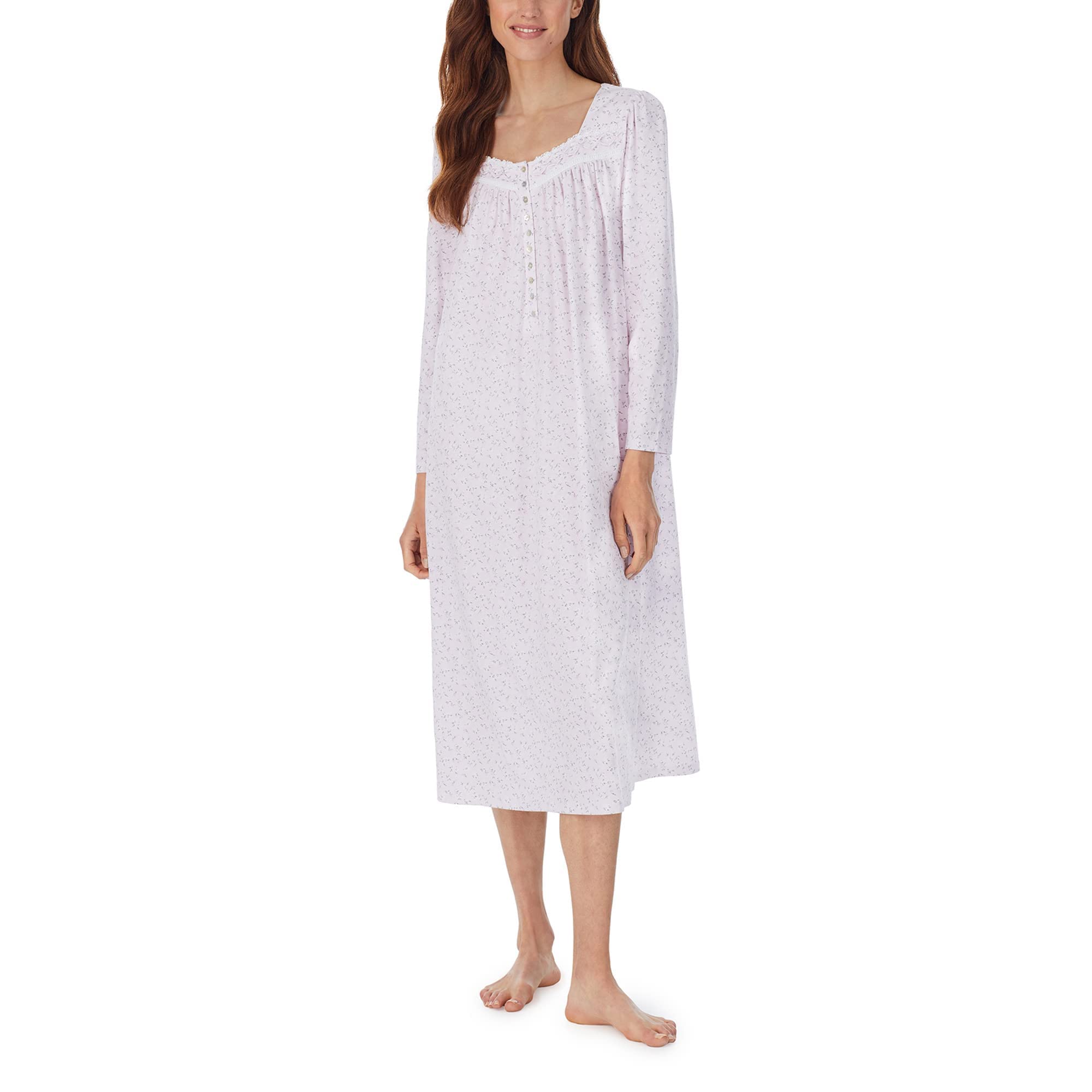 Eileen West Women's Long Sleeve Floral Nightgown - Soft Pink Ditsy Print Sleepwear for Comfortable Nights & Relaxing at Home