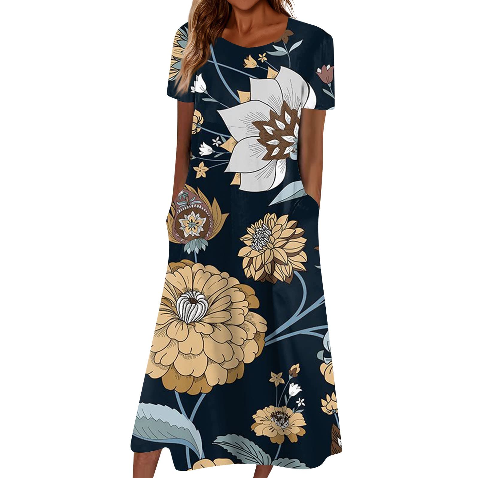 2023 Women's Floral Summer Dress - Bohemian Maxi Dress with Pockets, Short Sleeve Floral Printed Dress for Beach, Vacation & Outdoor Activities