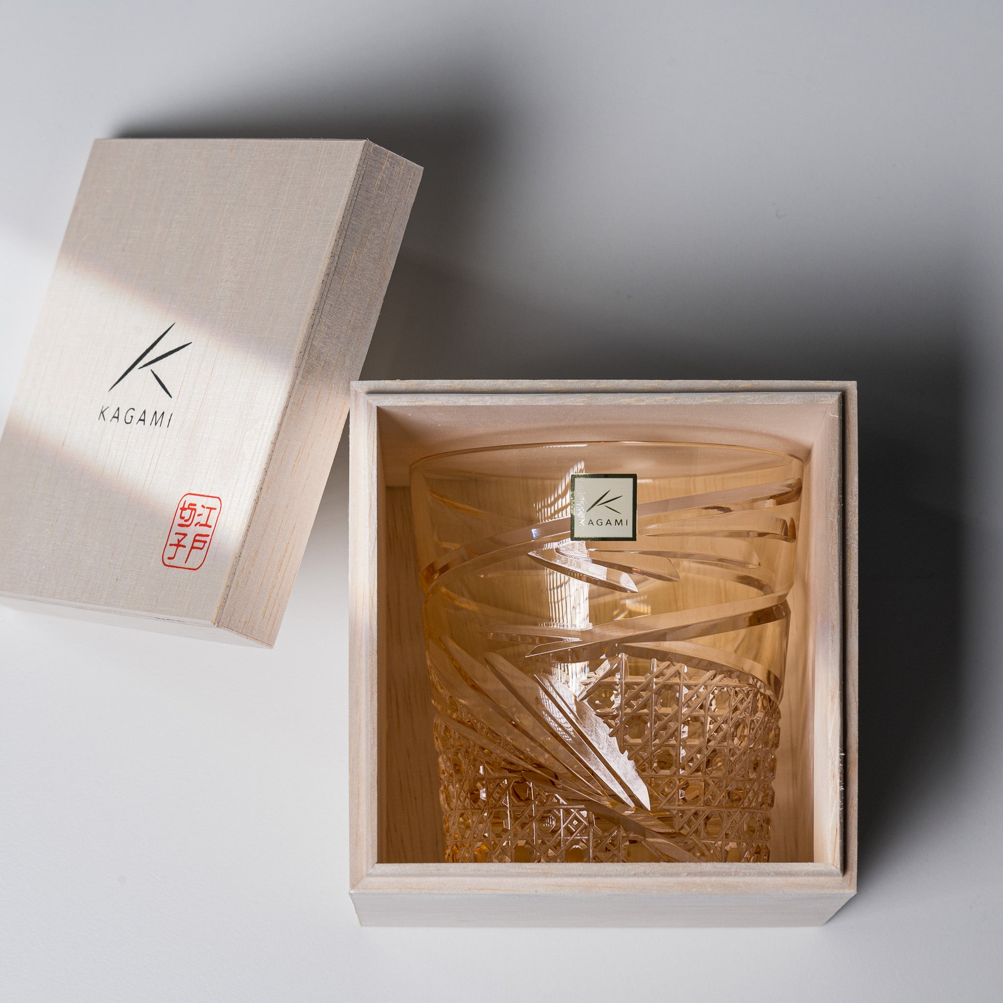 KAGAMI Edo Kiriko Crystal Rock Glass - Dance Yellow - Japanese Handcrafted Whiskey Tumbler for Cocktails, Barware & Home Decor