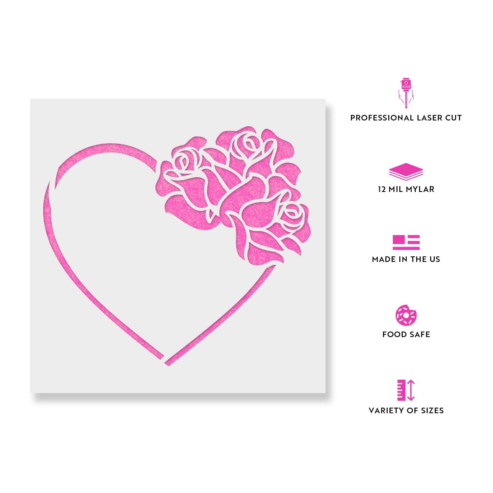 Heart with Roses Stencil - Romantic Love Rose Template for DIY Crafts, Wall Art, Scrapbooking & Wedding Decorations
