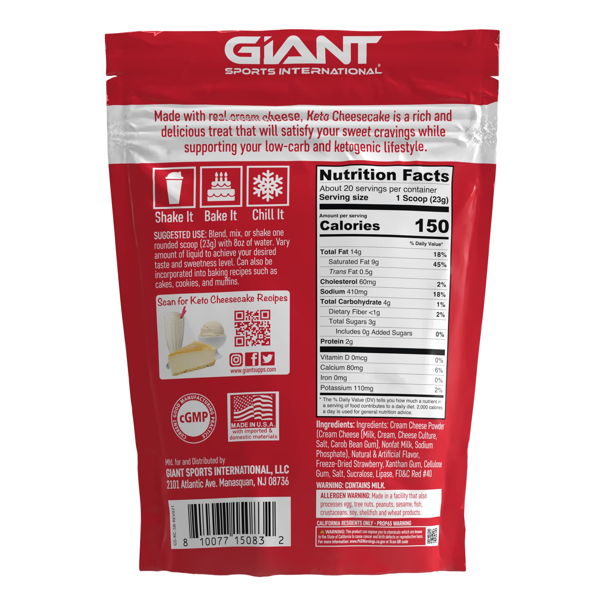 Giant Sports Keto Cheesecake Shake Mix - Low Carb Ketogenic Diet Powder, Gluten Free, Sugar Free, High Protein - Perfect with Almond Milk or Water - Strawberry Flavor (20 Servings) for Weight Loss & Muscle Recovery - Ideal for Breakfast, Post-Workout or Healthy Snacking