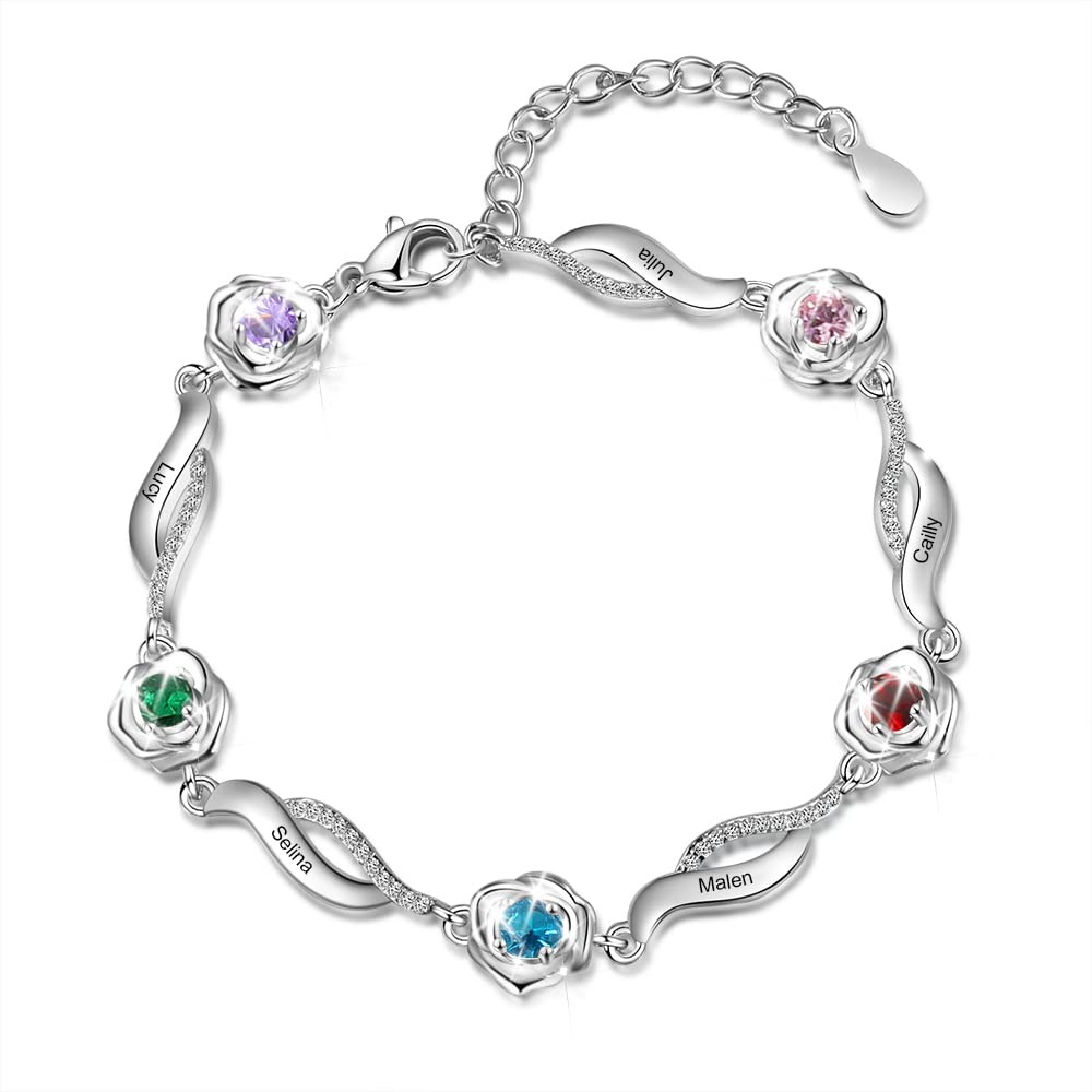 Personalized Birthstone Bracelet for Mom - Custom Name Engraved Rose Flower Bracelet for Women - Mother's Day, Birthday & Anniversary Gift - Perfect for Everyday Wear, Special Occasions & Heartfelt Moments