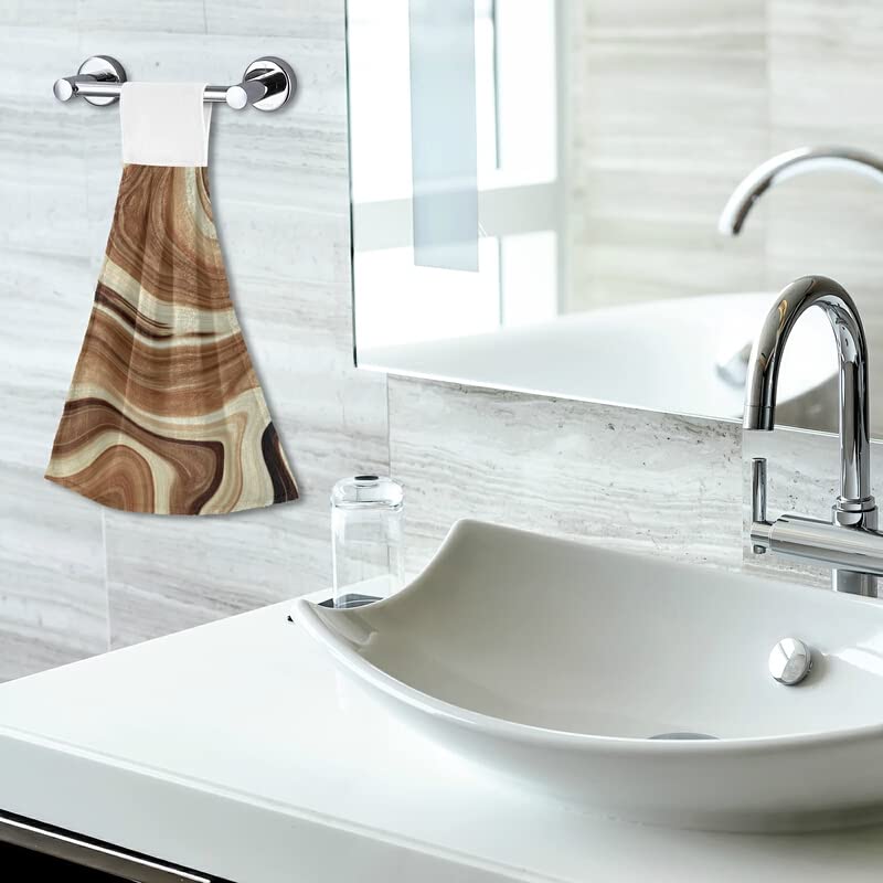 Brown Marble Texture Kitchen Towels with Hanging Loops - 2 Pack Absorbent Coral Velvet Hand Towels for Kitchen & Bathroom | Soft Dish Towel Set for Cooking, Cleaning & Decor