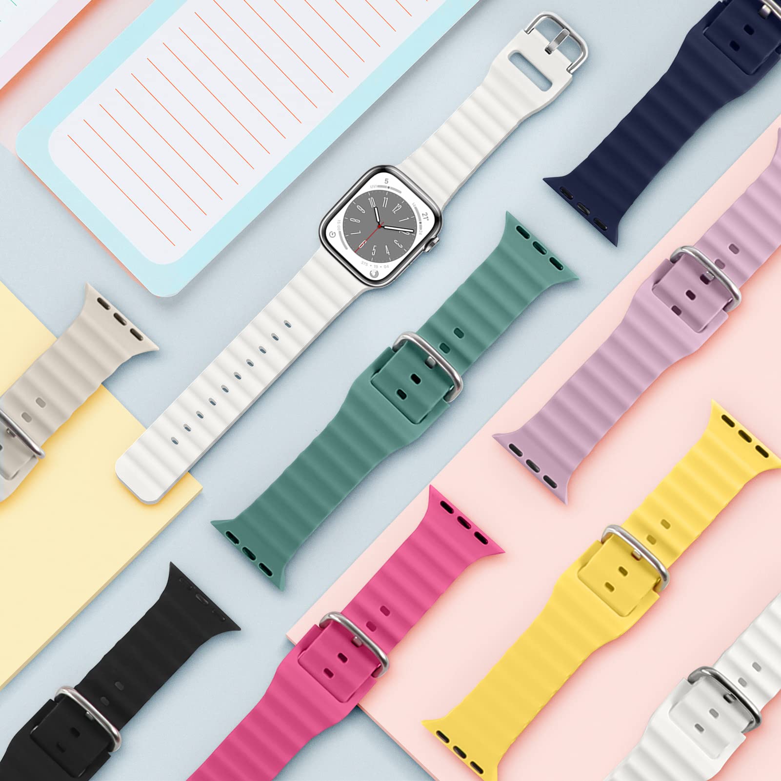 Ocean Band for Apple Watch Ultra/Series 9/8/7/6/5/4/3/2/1 & SE - 49mm/45mm/44mm/42mm/41mm/40mm/38mm Sport Silicone Strap - Breathable Wristband for Men & Women - Perfect for Swimming, Workouts & Daily Wear