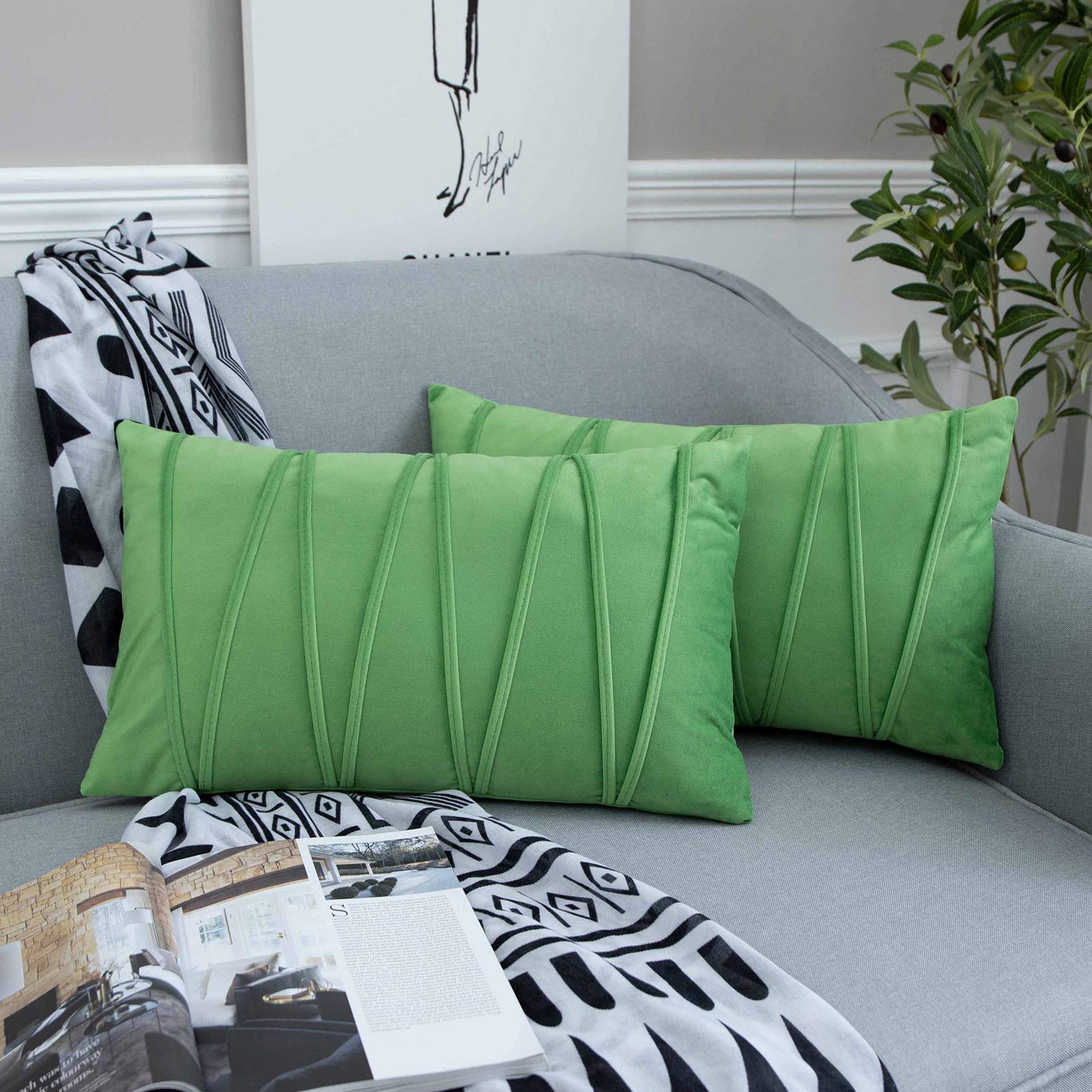 JUSPURBET 12x20 Inch Decorative Velvet Throw Pillow Covers - Pack of 2 Luxury Soft Striped Cushion Cases for Couch, Bed & Sofa in Apple Green - Perfect for Living Room Decor, Home Styling and Cozy Comfort