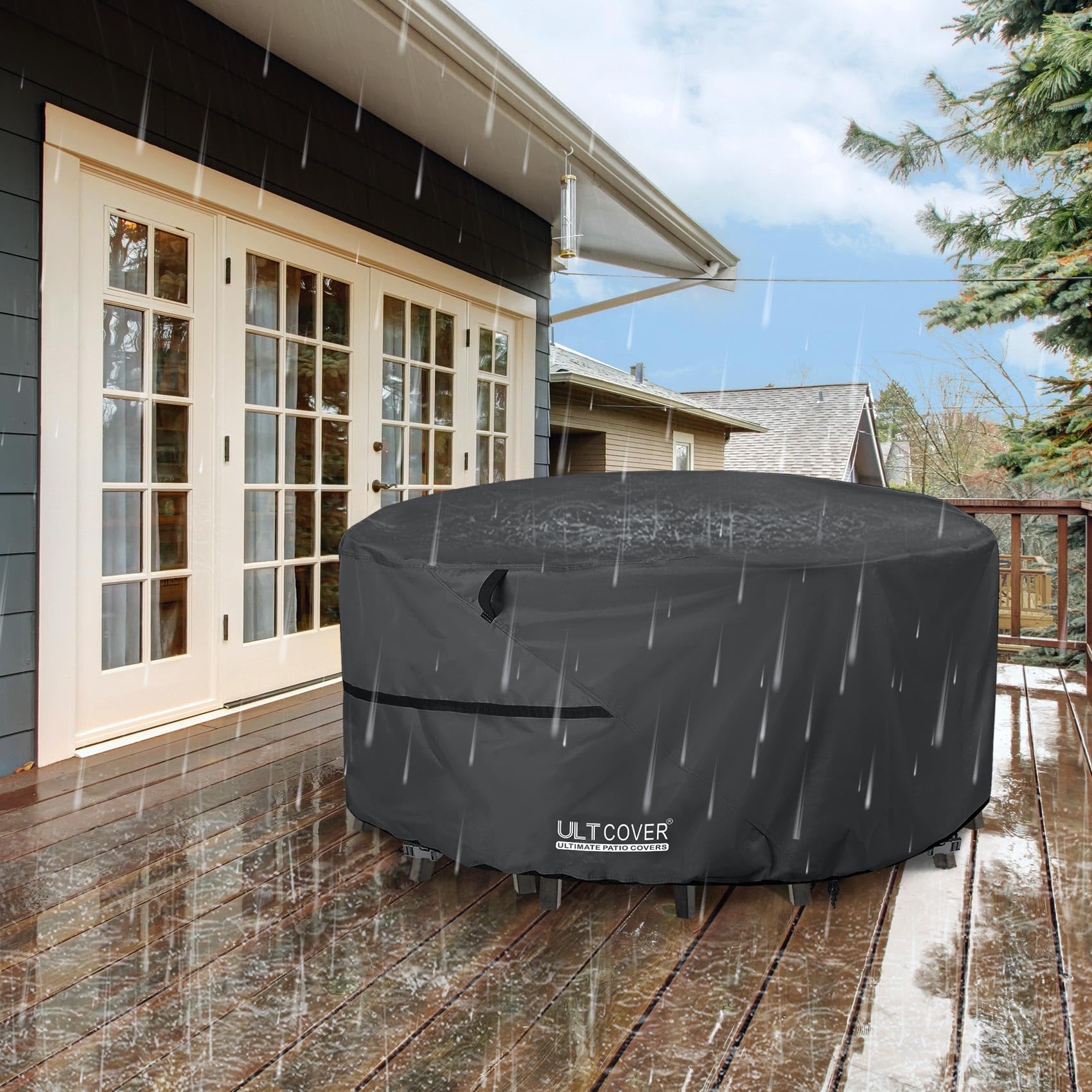 ULTCOVER 60-Inch Round Patio Furniture Cover - Waterproof Outdoor Table and Chair Set Cover, Black - Perfect for Garden, Deck, and Backyard Protection