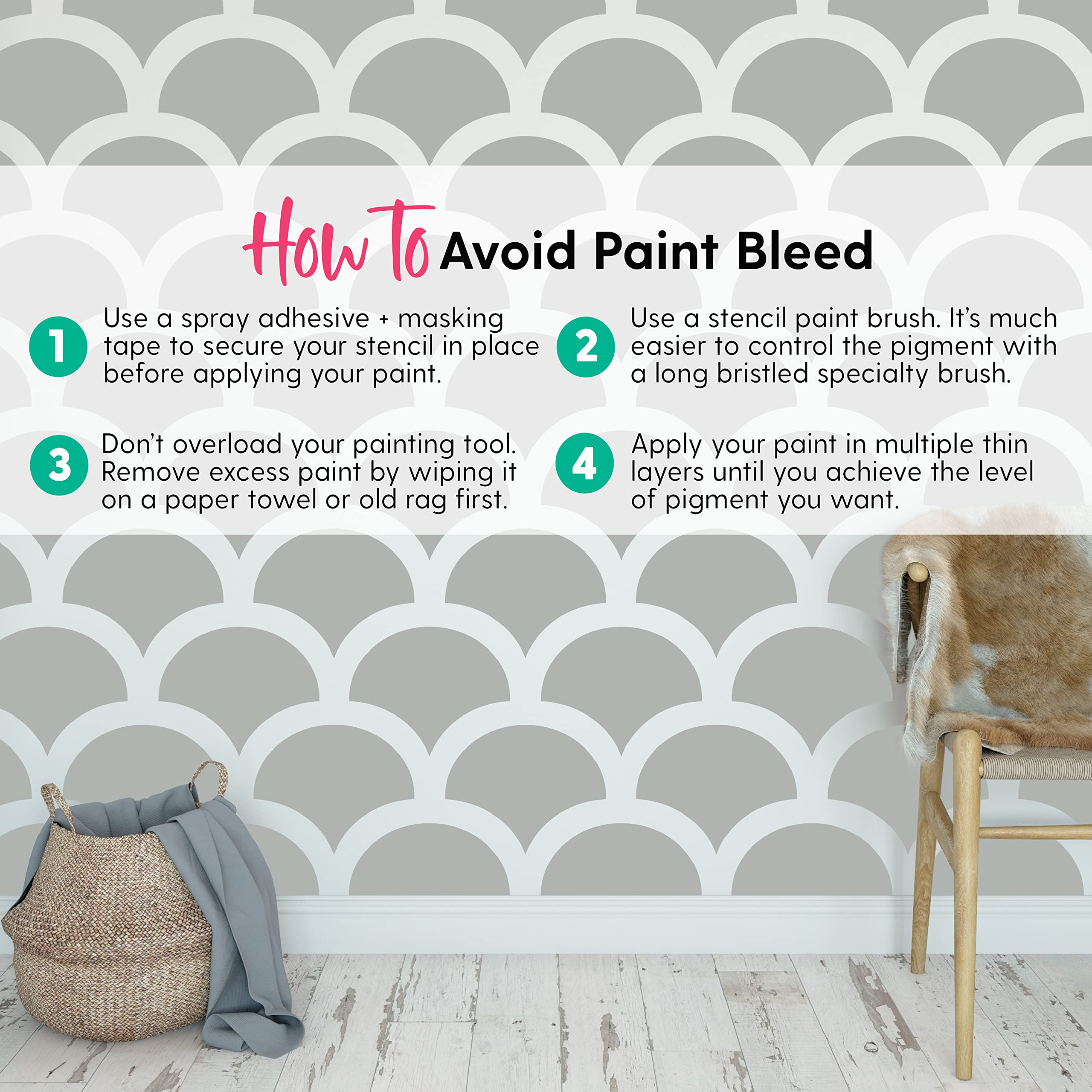 Premium Large Scallop Stencil Set - 2 Pack Mermaid Scale Stencils for Wall, Floor & Furniture Painting - Fish Scale Wall Stencil (13