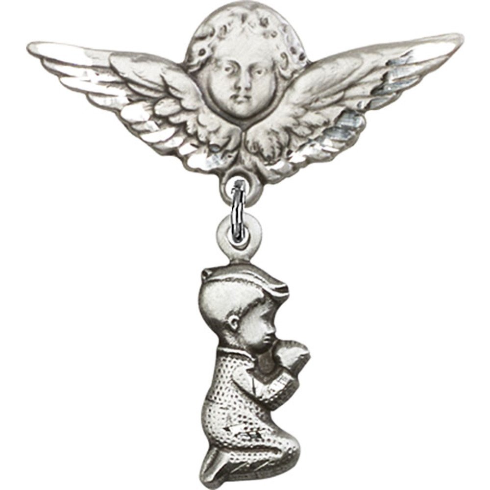 Sterling Silver Baby Badge Pin with Praying Boy Charm & Angel Wing Charm - 1.25