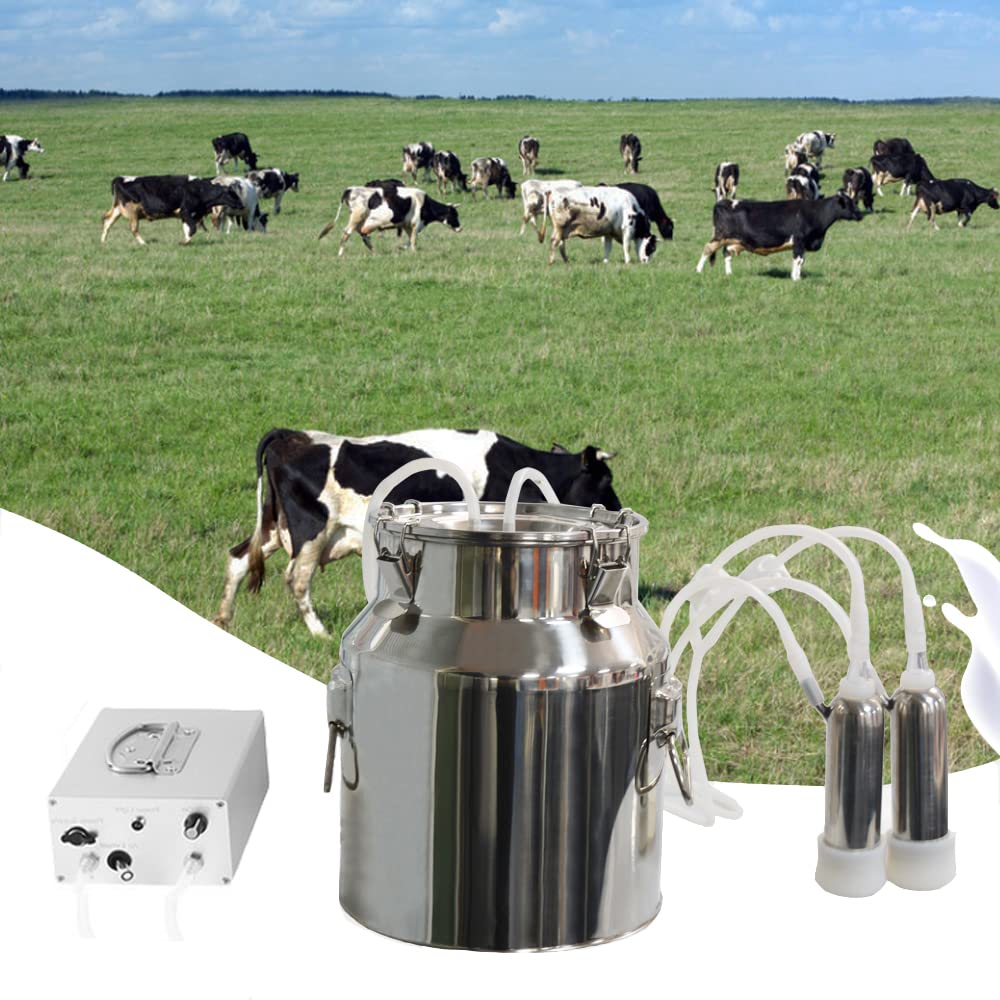 14L Electric Cow Milking Machine - Automatic Rechargeable Battery Powered Vacuum Pump with 2 Teat Cups & Stainless Steel Bucket for Dairy Cows | Portable Farm Milking Equipment for Small to Medium Herds | Ideal for Homesteads, Family Farms & Dairy Operations