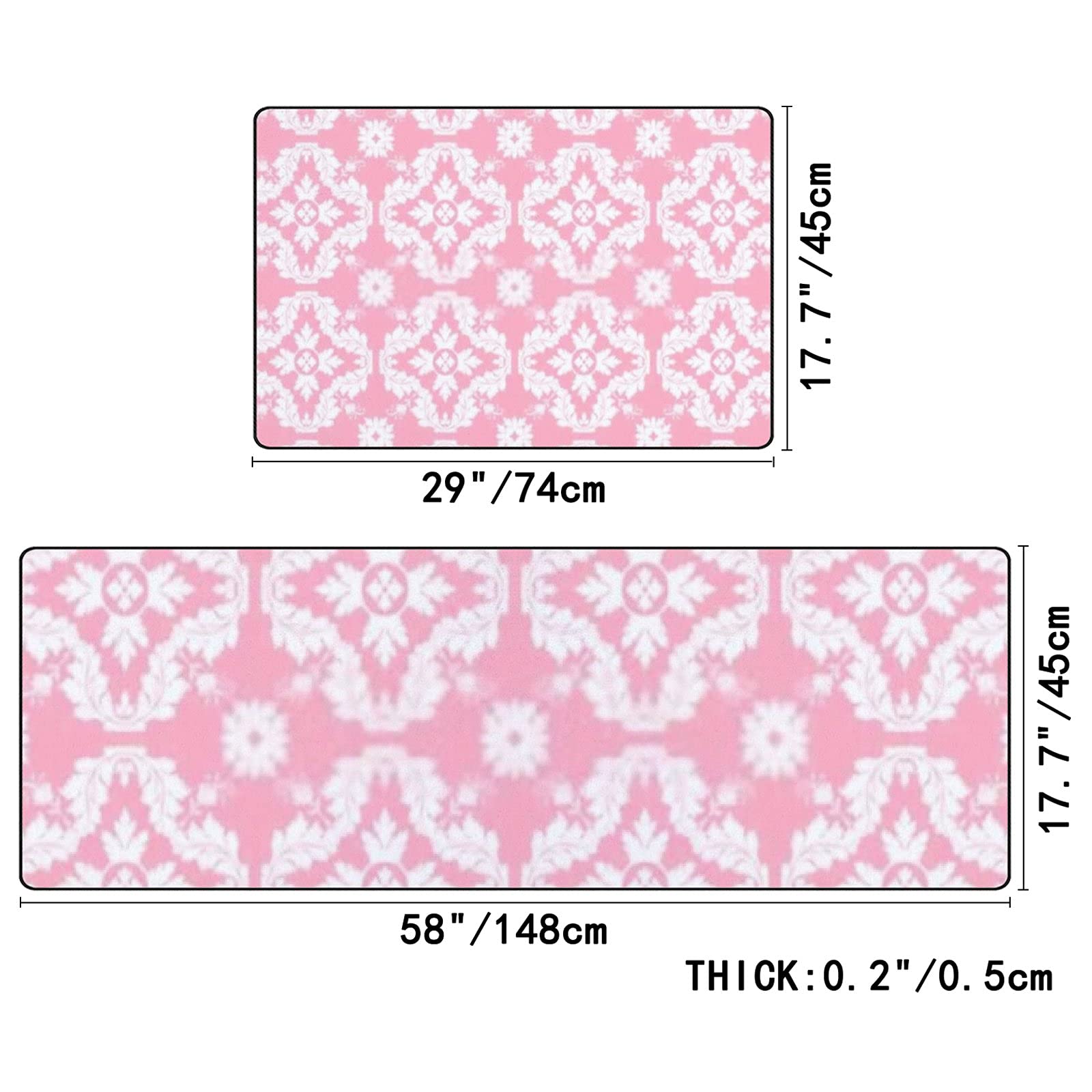 2-Piece Anti-Fatigue Kitchen Rugs Set - Non-Slip Washable Floor Mats in Pink & White Damask Pattern for Comfortable Standing - Perfect for Kitchen, Home, Office & High-Traffic Areas