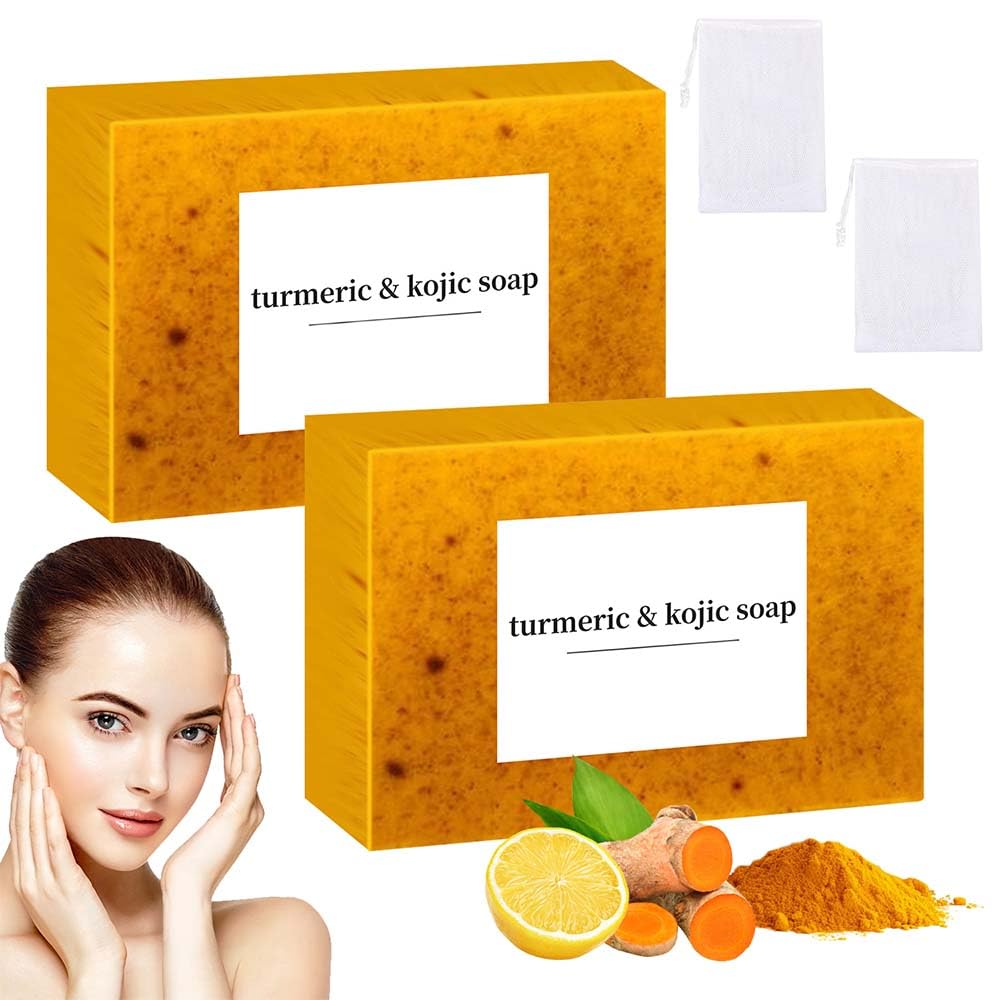 Organic Lemon Turmeric Kojic Acid Soap Bar - Natural Handmade Face & Body Cleanser for Brightening, Acne Treatment & Skin Lightening - Exfoliating Glow Soap for Men & Women (2 Pack) - Perfect for Daily Skincare Routine & Dark Spot Removal