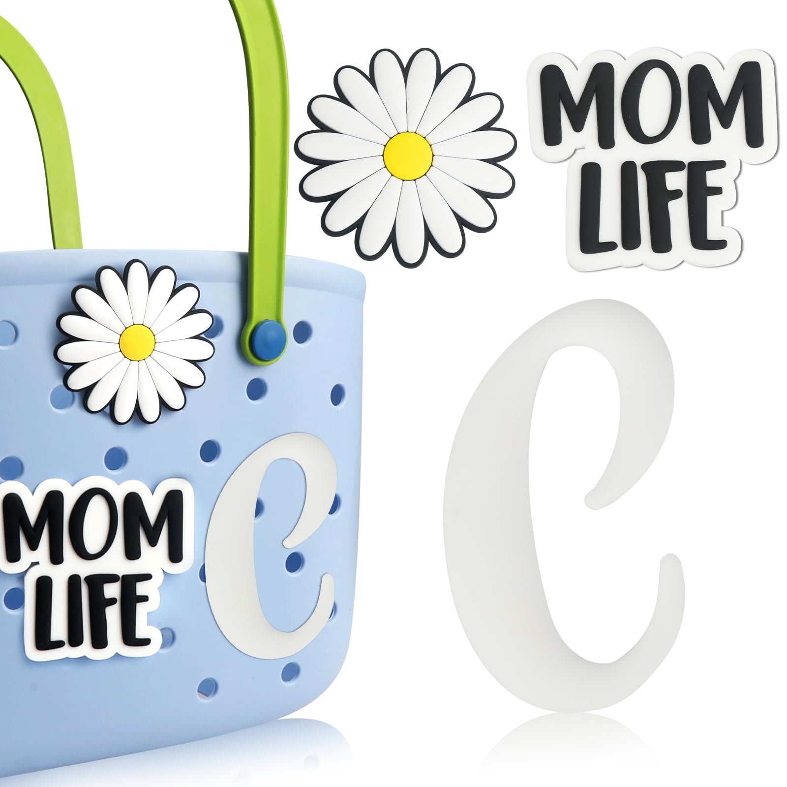 CONLI 3-Piece Letter Charms for Bogg Bag - Decorative Alphabet Inserts for Rubber Beach Tote & Handbag - Floral Accessories for Beach, Pool & Summer Outings