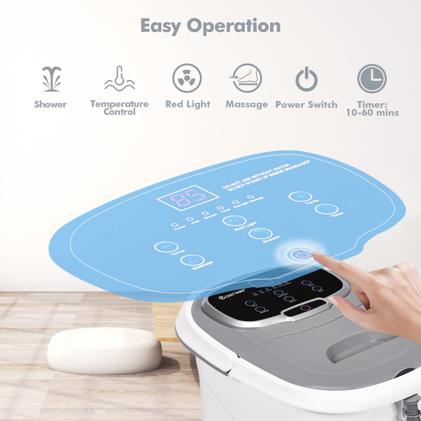 COSTWAY Electric Foot Spa Massager with Motorized Rollers, Shiatsu Massage, Heated Water, Red Light Therapy, Adjustable Temperature & Timer - Relaxing Foot Bath for Stress Relief & Circulation - Perfect for Home Spa, Post-Workout Recovery & Gift Giving (Grey)