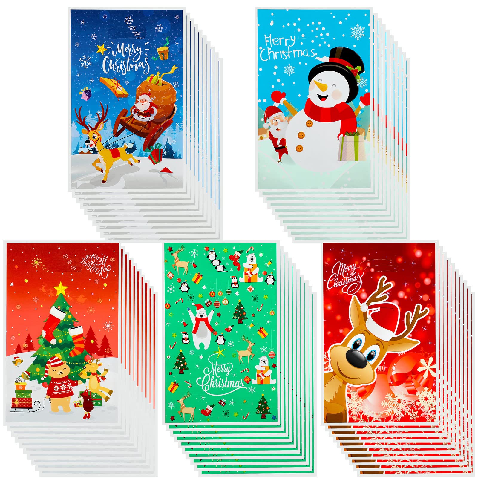 Outus 100-Piece Christmas Plastic Goodie Bags - Cute Snowman & Moose Design for Candy, Gifts & Party Favors | Perfect for Holiday Celebrations, Classroom Treats & Stocking Stuffers