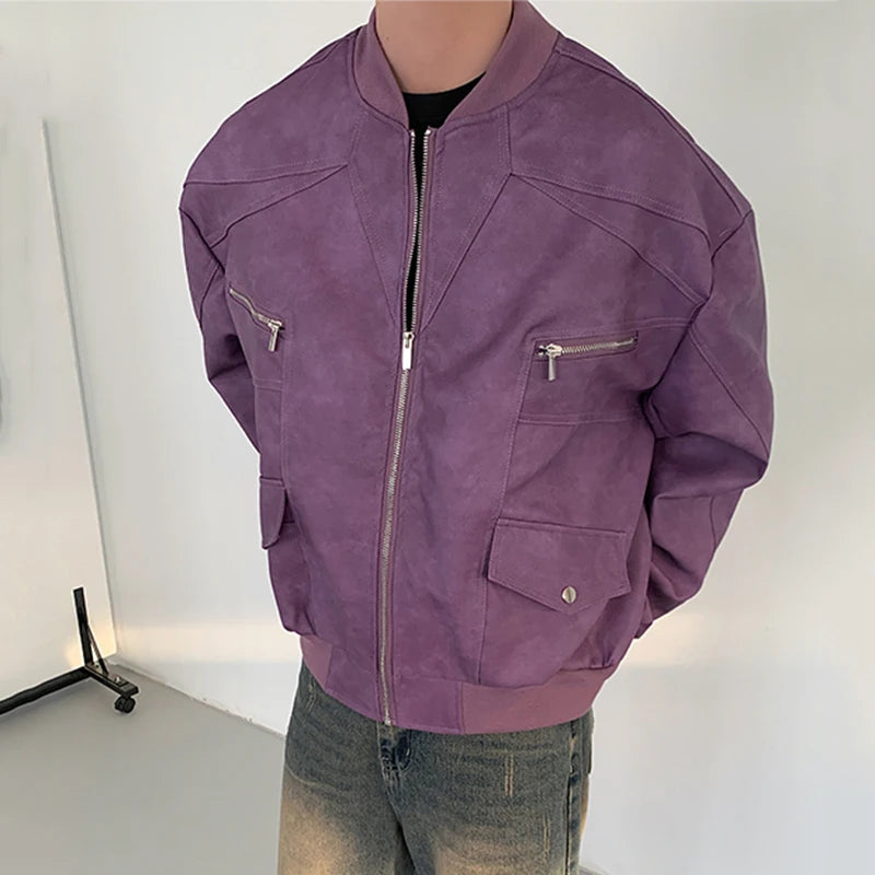 American Style Men's PU Leather Jacket - Casual Patchwork Zipper Coat, Solid Color Loose Fit Male Outerwear (Winter 2024 Fashion) for Streetwear & Daily Outfits | Model 9C6885