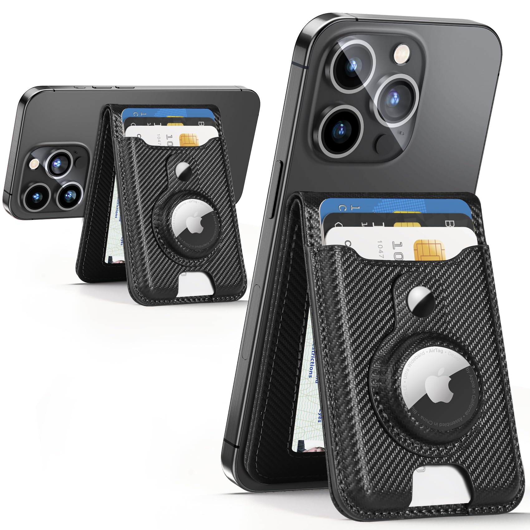 HiWe MagSafe Wallet with AirTag Holder - Ultra Strong Magnetic Card Holder for iPhone 16/15/14/13/12 Series | 6-Capacity RFID Blocking Leather Wallet | Slim Carbon Fiber Design for Everyday Carry & Travel Essentials