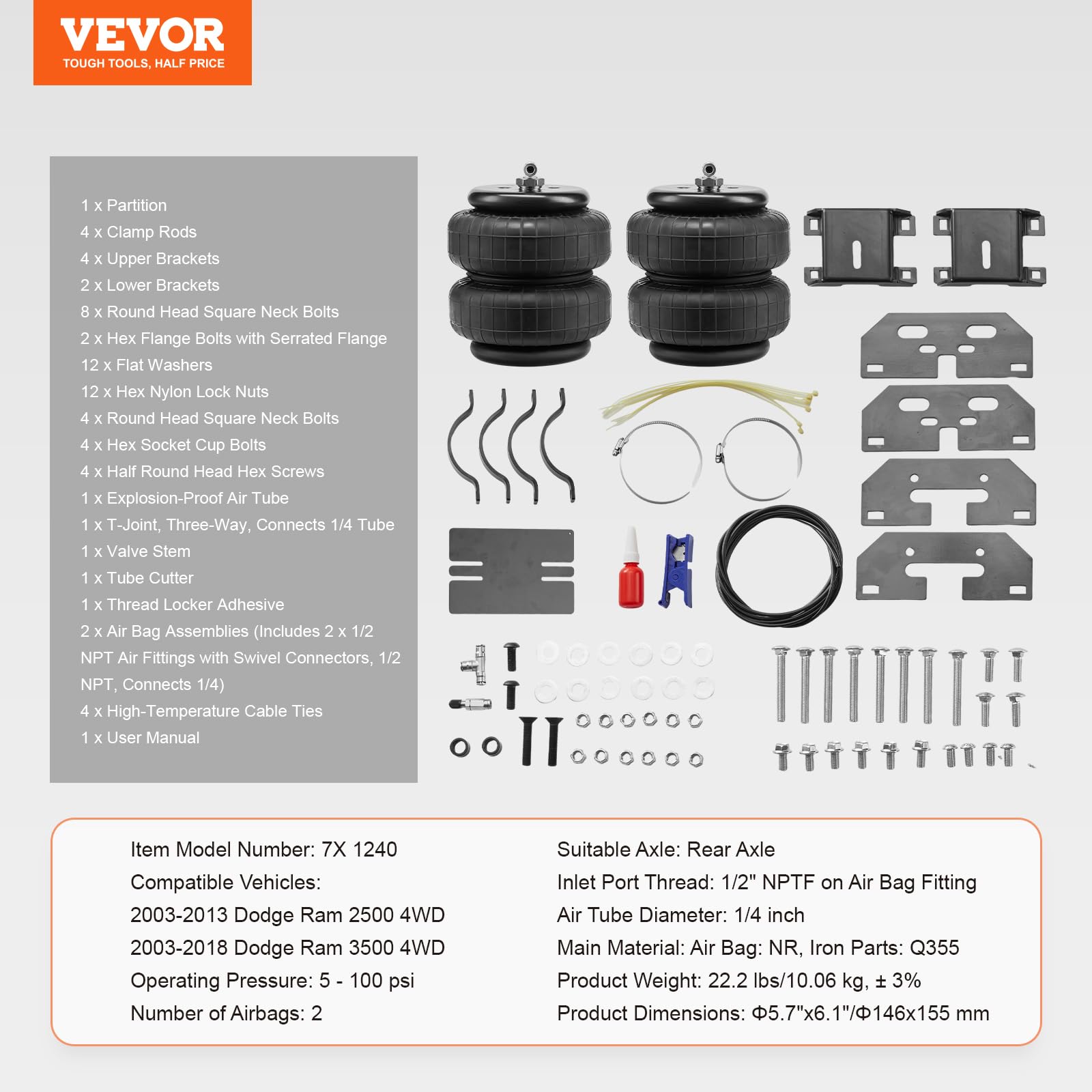 VEVOR Air Bag Suspension Kit for 2003-2018 Dodge Ram 2500/3500 4WD - 5000 lbs Capacity, 5-100 PSI Adjustable Air Springs - Perfect for Towing, Heavy Loads & Off-Road Adventures