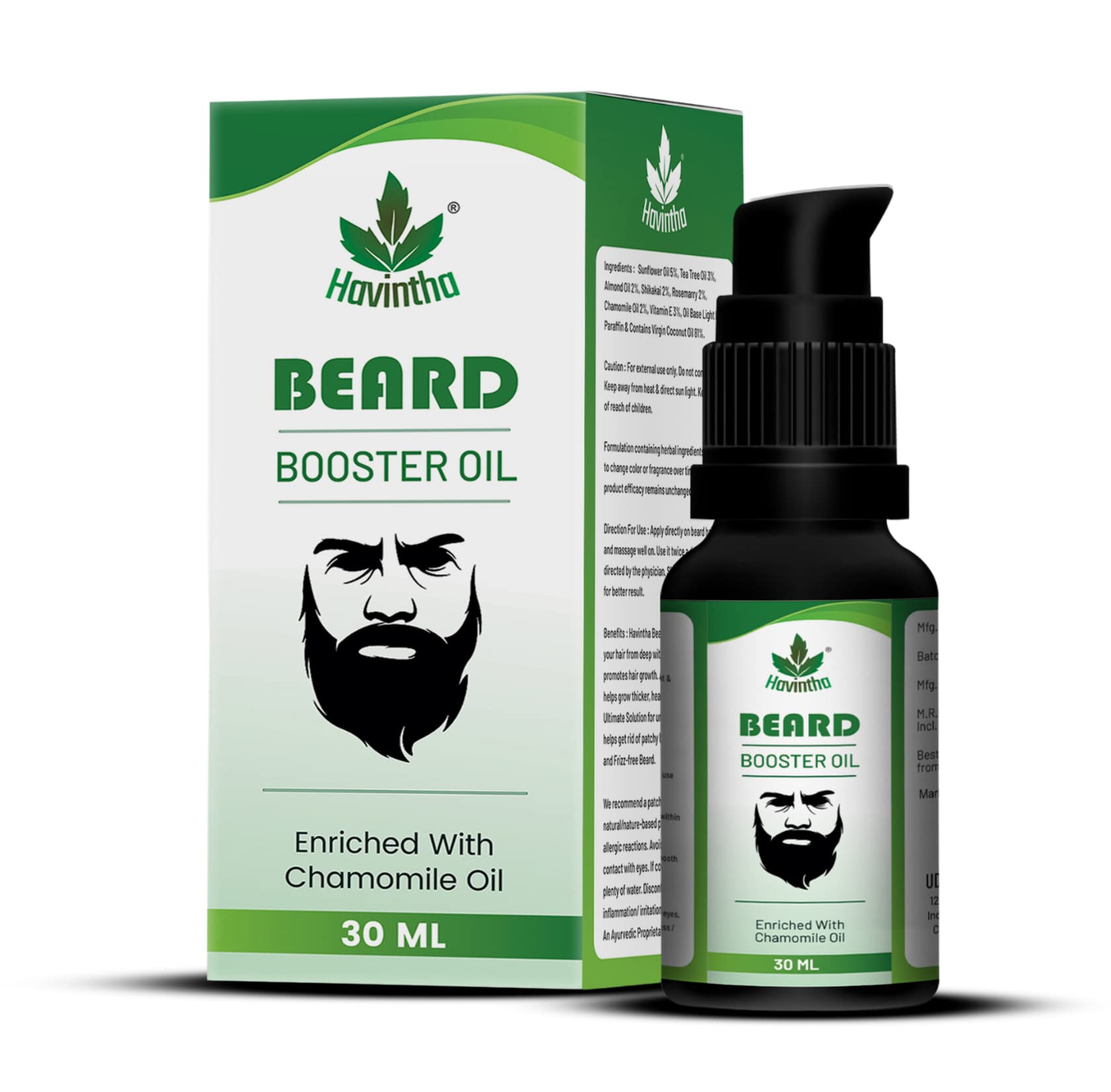 Havintha Natural Beard Growth Oil with Shikakai, Sunflower, Tea Tree, Almond & Chamomile Oils | Best Beard Oil for Men - Promotes Fast Growth & Softens Facial Hair | 30ml Bottle for Daily Grooming & Styling