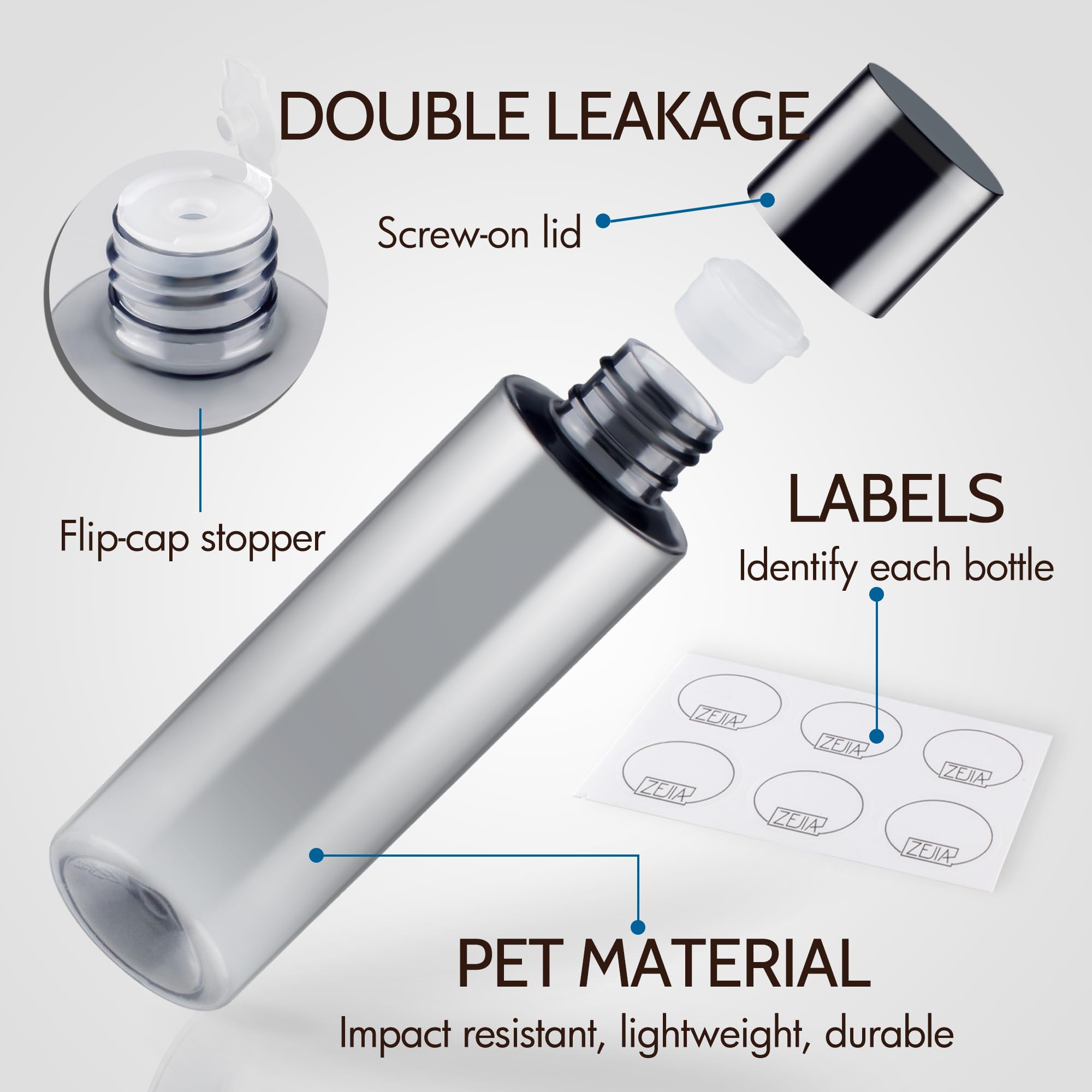 **ZEJIA 200ML/6.8OZ Leak-Proof Travel Bottles Set (3 Pack) – Refillable Plastic Containers for Shampoo, Lotion & Body Wash – Includes 6 Labels – Perfect for Air Travel, Gym & Vacation**