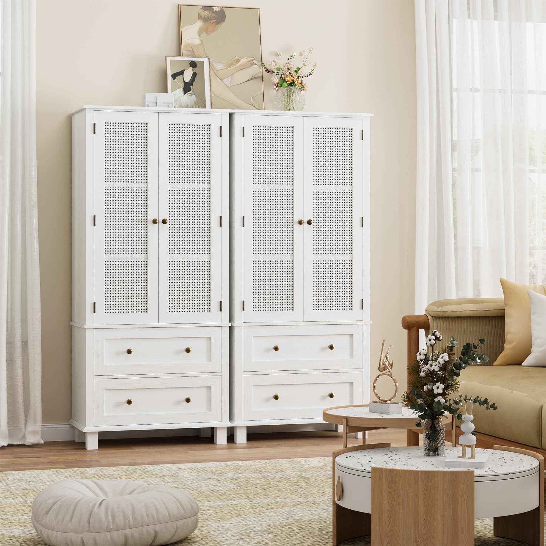 FOTOSOK White Kitchen Pantry Storage Cabinet with Rattan Doors, 2 Drawers & Adjustable Shelf - Perfect for Kitchen, Dining Room, and Home Organization