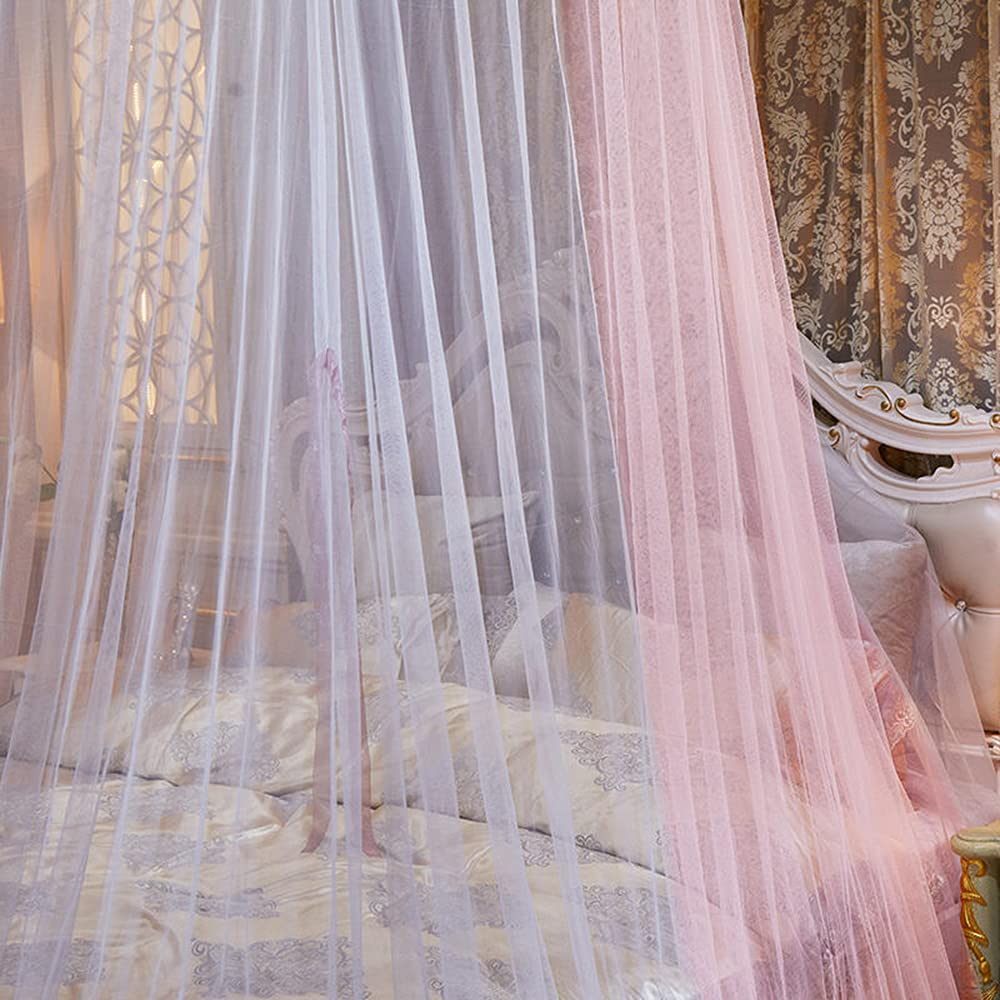 Mengersi Bed Canopy Mosquito Net - Elegant Lace Round Sheer Mesh Bed Curtains for Twin, Full, Queen & King Size Beds (Peach/Gray) - Perfect for Princess Bedroom Decor, Romantic Weddings & Nursery Protection