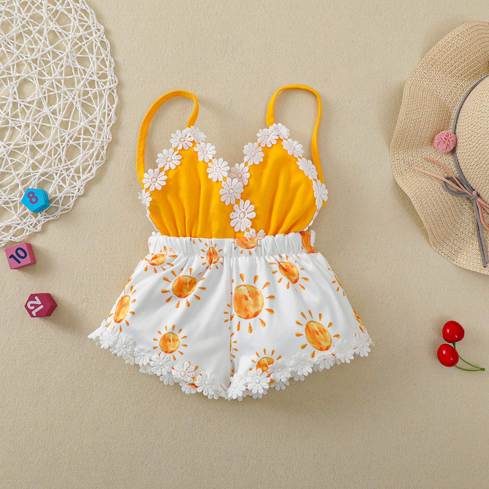 Newborn Baby Toddler Girls Sunflower Romper - Backless Strap Bodysuit Jumpsuit Outfit for Summer | Cute Sunflower-Themed Baby Clothes for Photoshoots, Beach Outings & Playdates