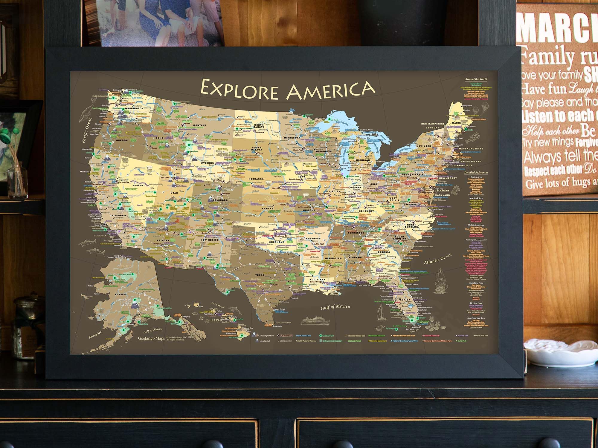 Personalized USA National Park Map with Pins - Custom Push Pin Travel Map for US National Parks, State Landmarks & Highest Peaks - Brown Edition Framed Map or Stretched Canvas (Includes 500 Pins) - Perfect for Travel Enthusiasts, Home Decor & Adventure Gifts