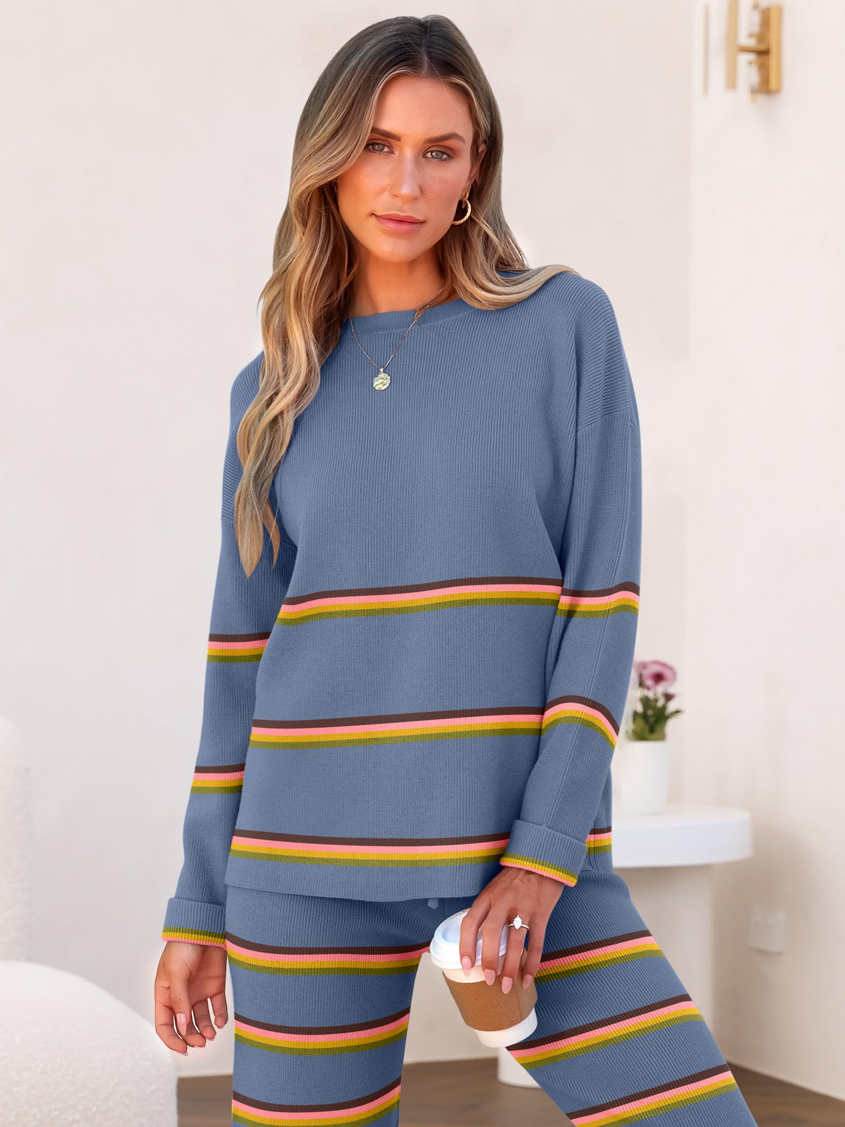Caracilia Women's 2 Piece Sweater Set - Striped Oversized Knit Sweater with Wide Leg Lounge Pants | Cozy Fall Outfit 2024 | Perfect for Home Relaxation, Casual Outings & Autumn Photoshoots