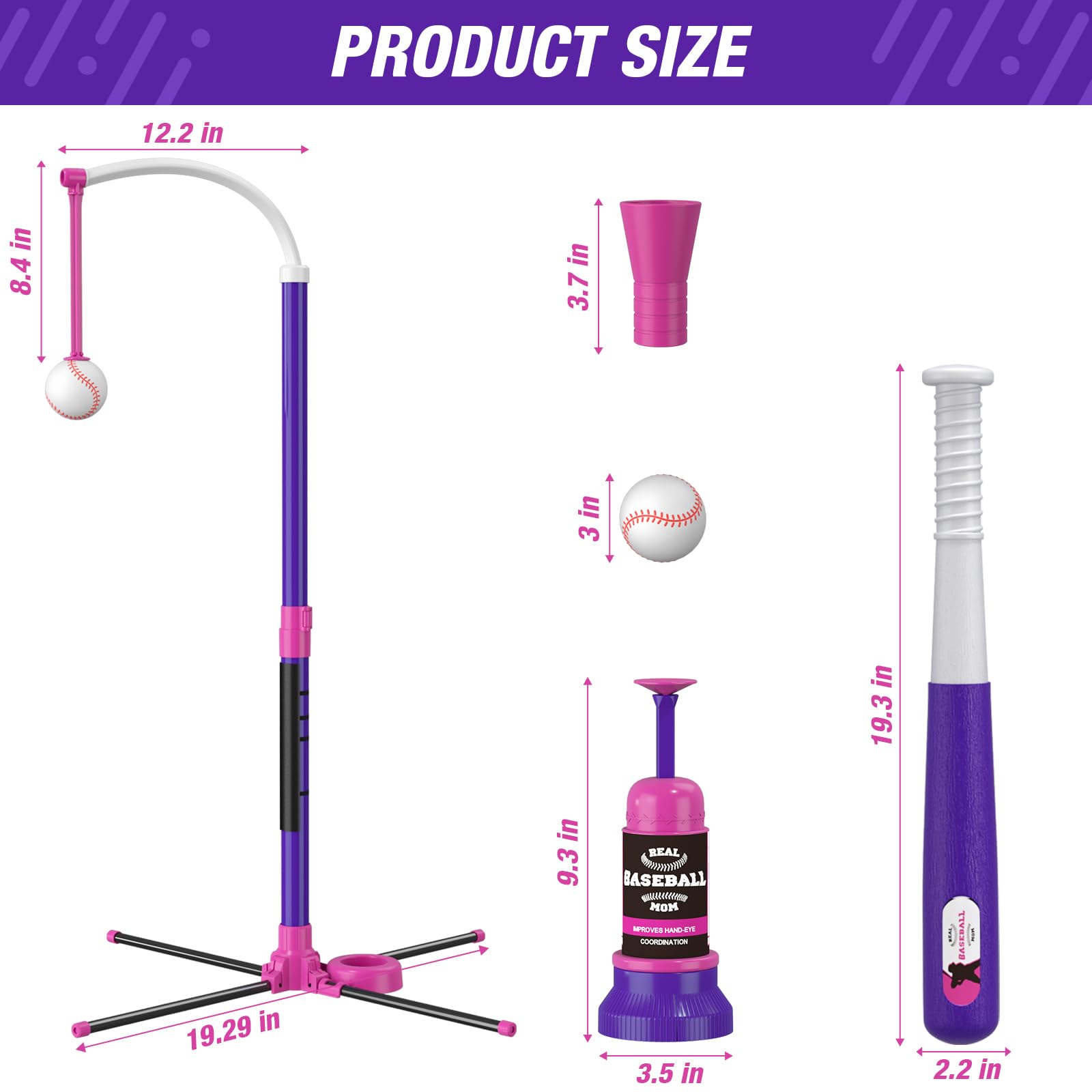 HYES 3-in-1 Adjustable Height Baseball Set for Kids Ages 3-5 - Includes Baseball, Ball Holder, Pitcher & 6 Softballs - Perfect for Backyard Practice, T-Ball Training & Outdoor Sports Activities (Purple)